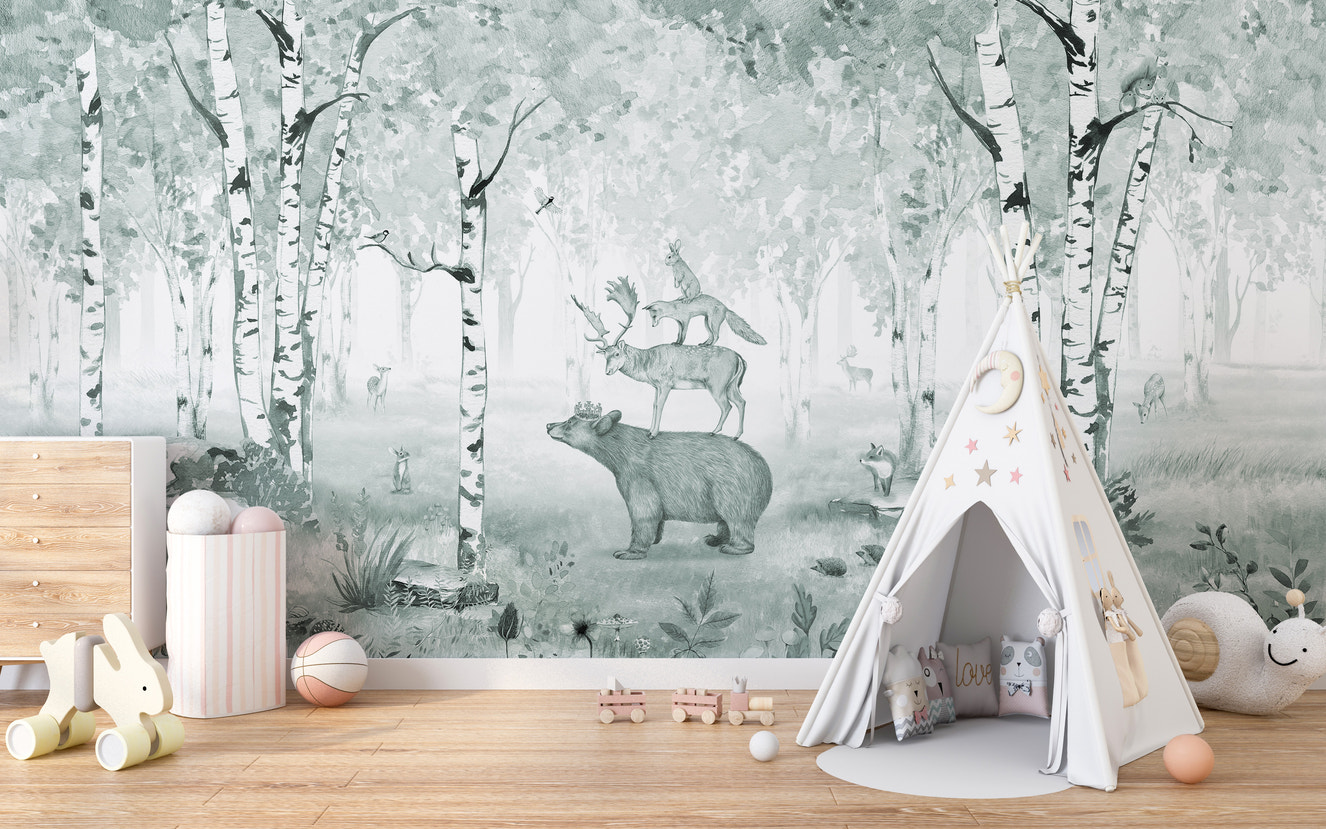 Blue Bear King forest wallpaper with woodland animals scene