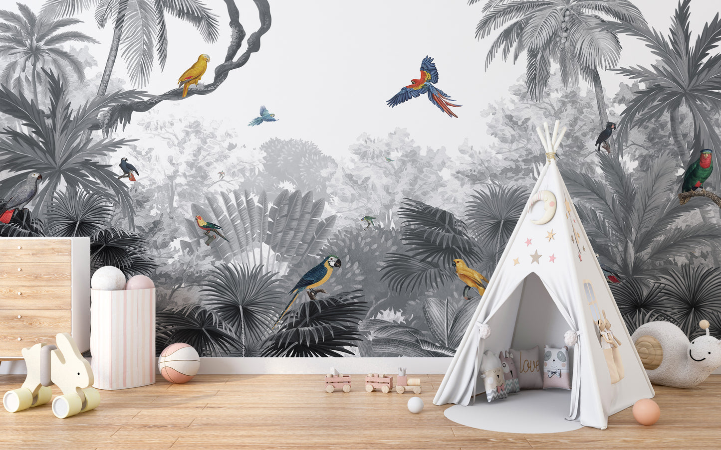 Tropical jungle birds wallpaper with black and white foliage