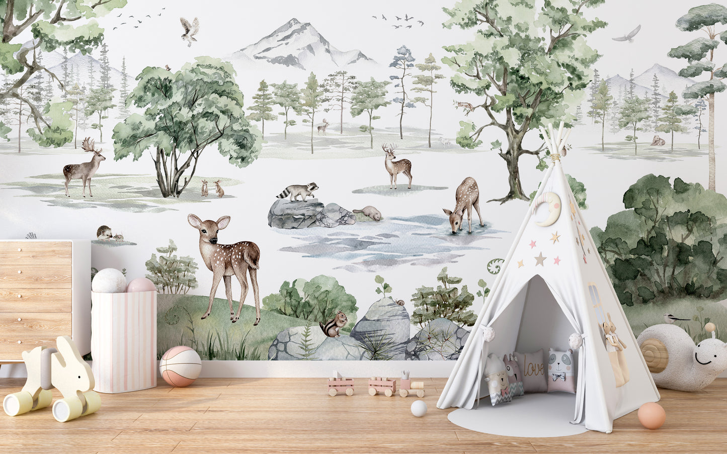 Winter forest wallpaper mural with deer in watercolor style