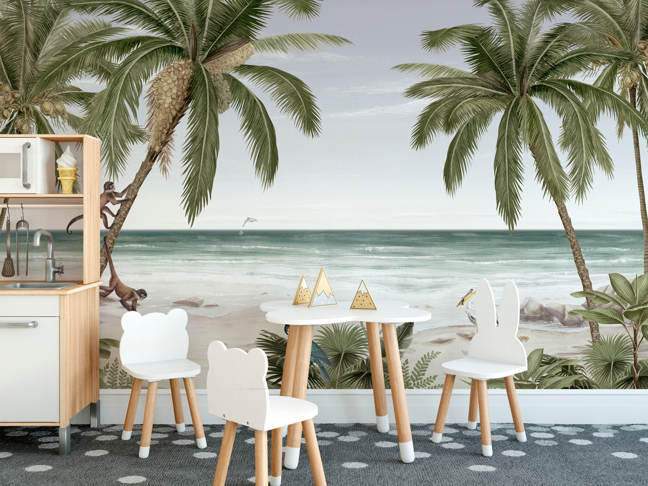 Beach-themed wallpaper featuring tropical trees and waves