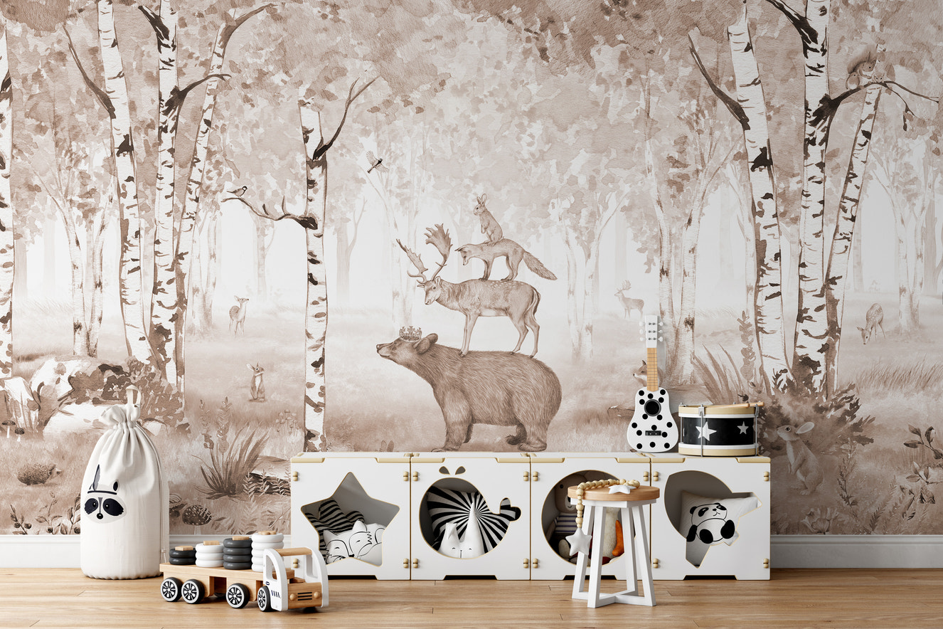 Brown bear king wallpaper with woodland animals and trees