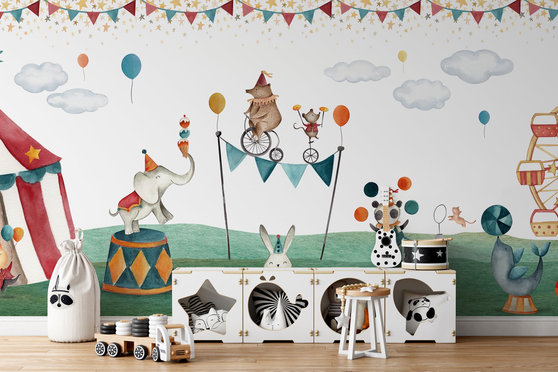 Crazy circus bear wallpaper with Ferris wheel and balloons