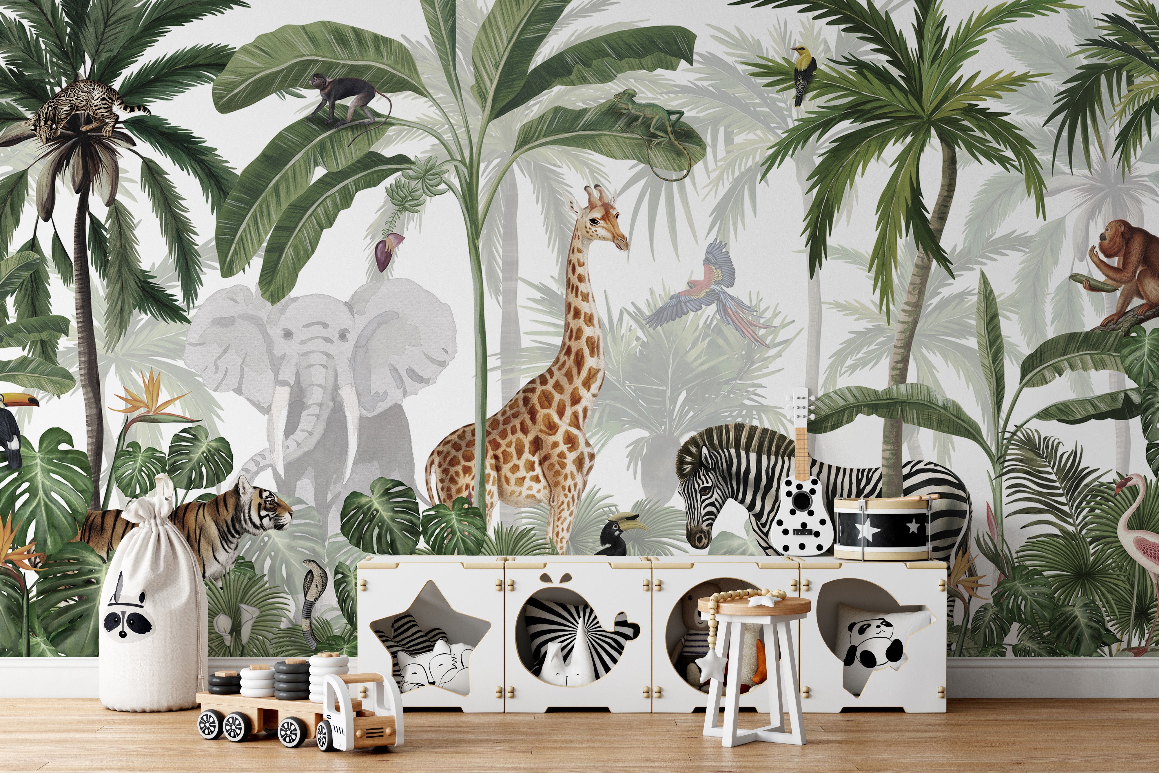 Jungle Jive wallpaper with giraffe, zebra, and toucan