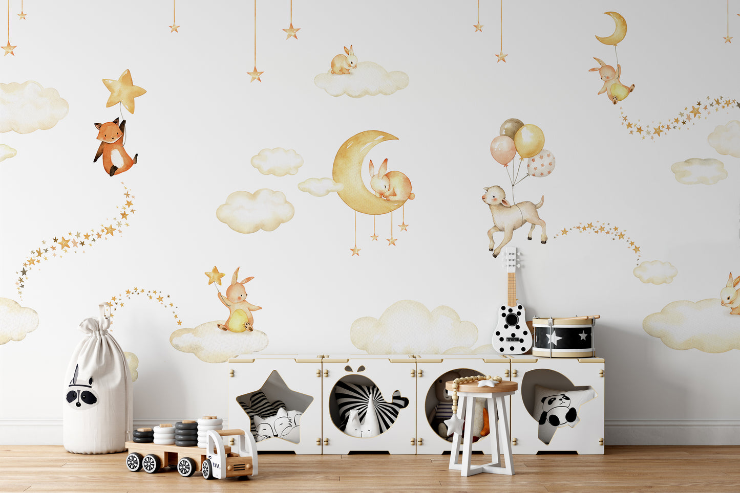 Kids room wallpaper featuring bunnies, stars, and moon