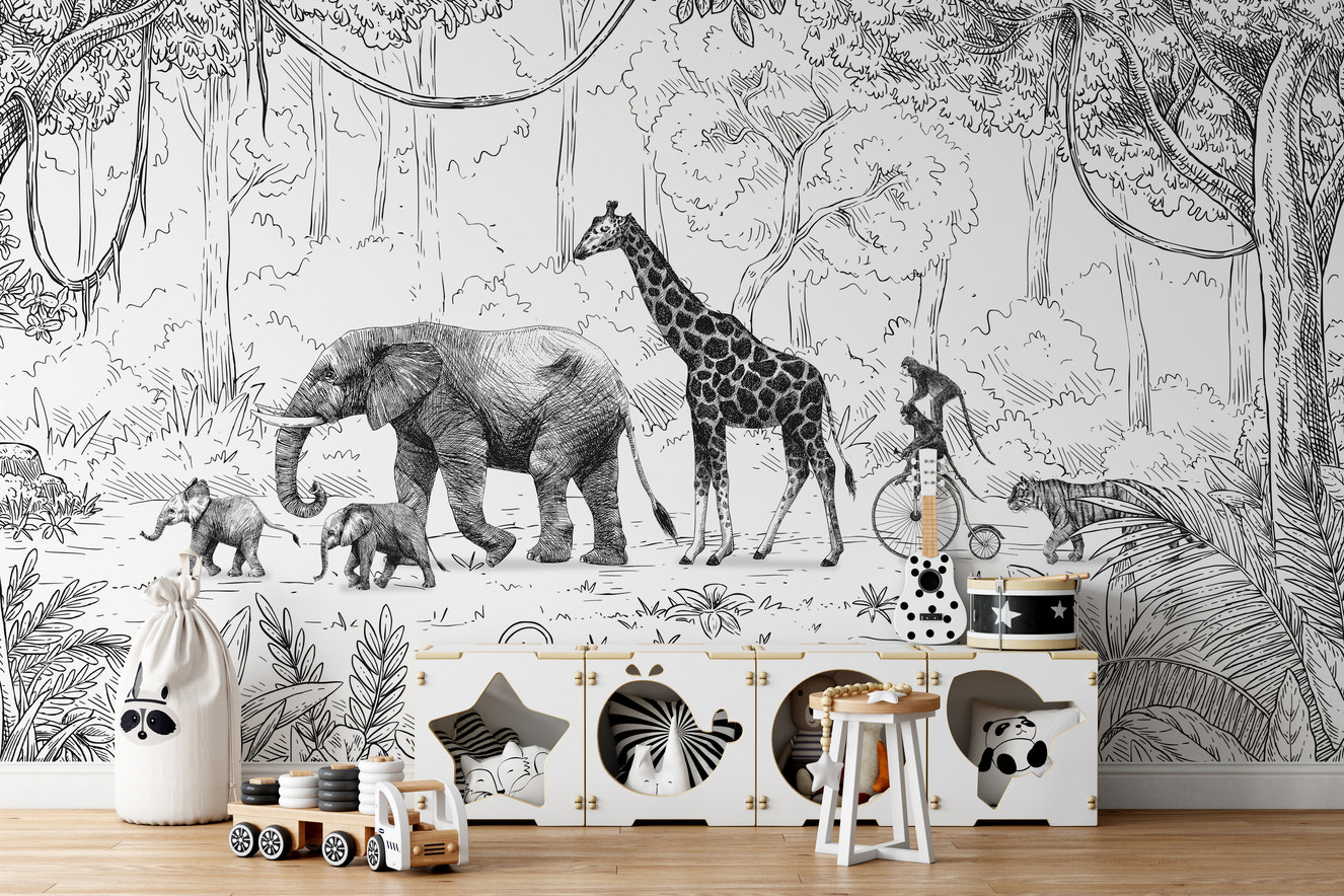 Animal Parade black and white wallpaper with jungle theme