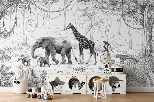 Animal Parade black and white wallpaper with jungle theme