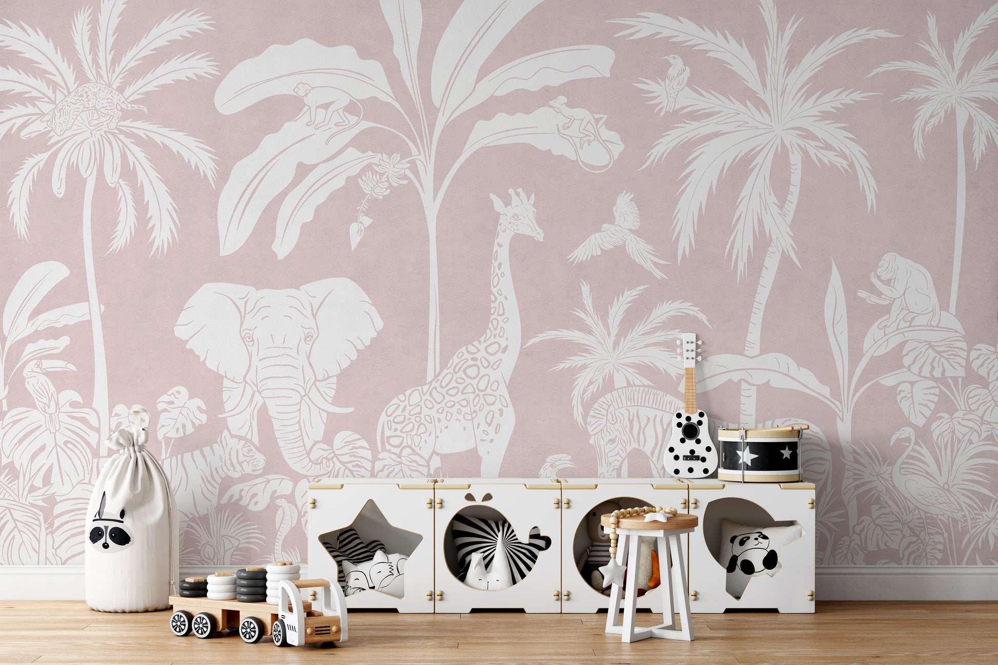 Pink Tropical Jungle Monochrome Mural