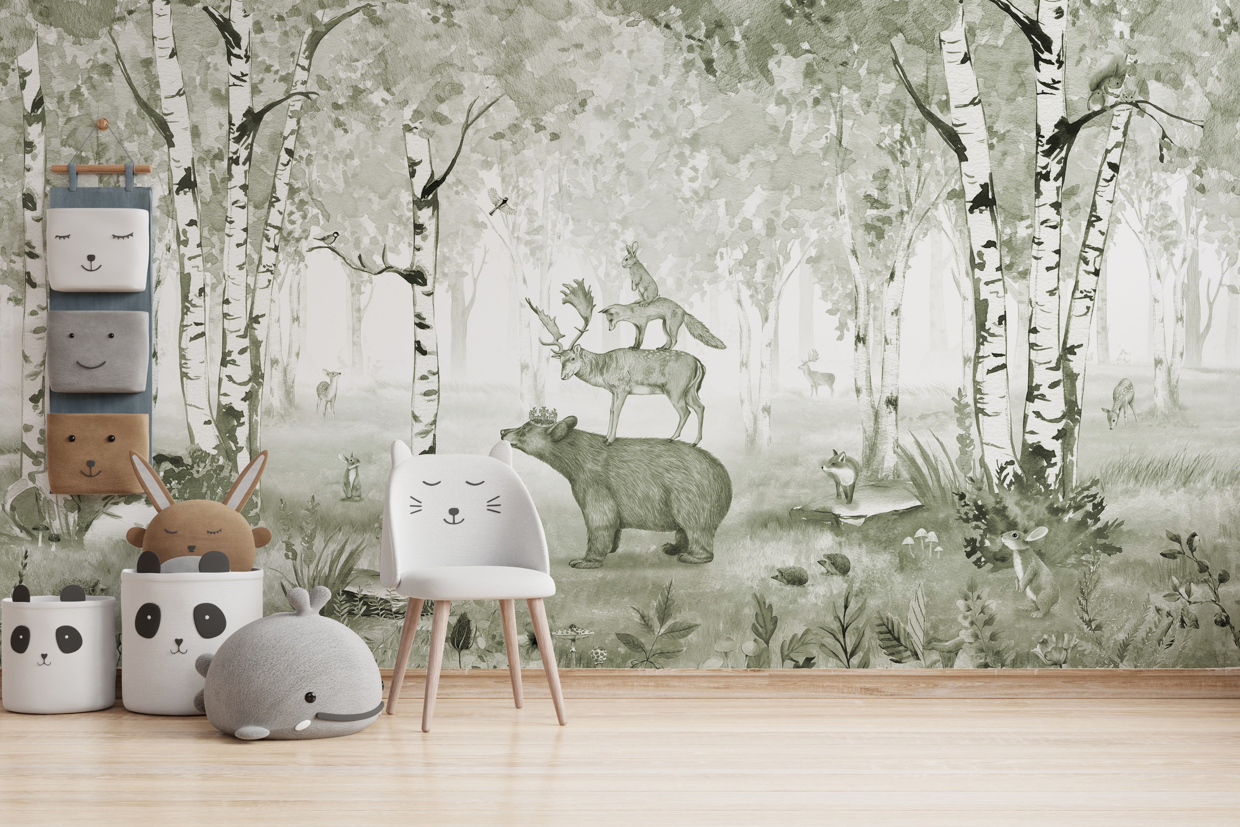 Forest-themed green wallpaper showcasing bear and wildlife