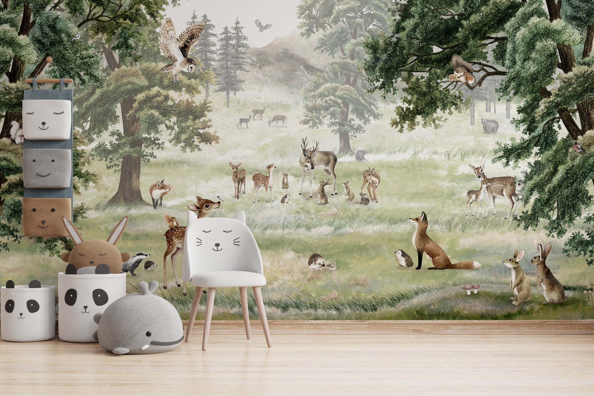 Forest-themed wallpaper murals with deer, foxes, and trees