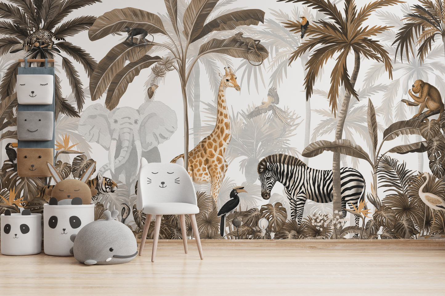 Tropical jungle wallpaper with wild animals and trees