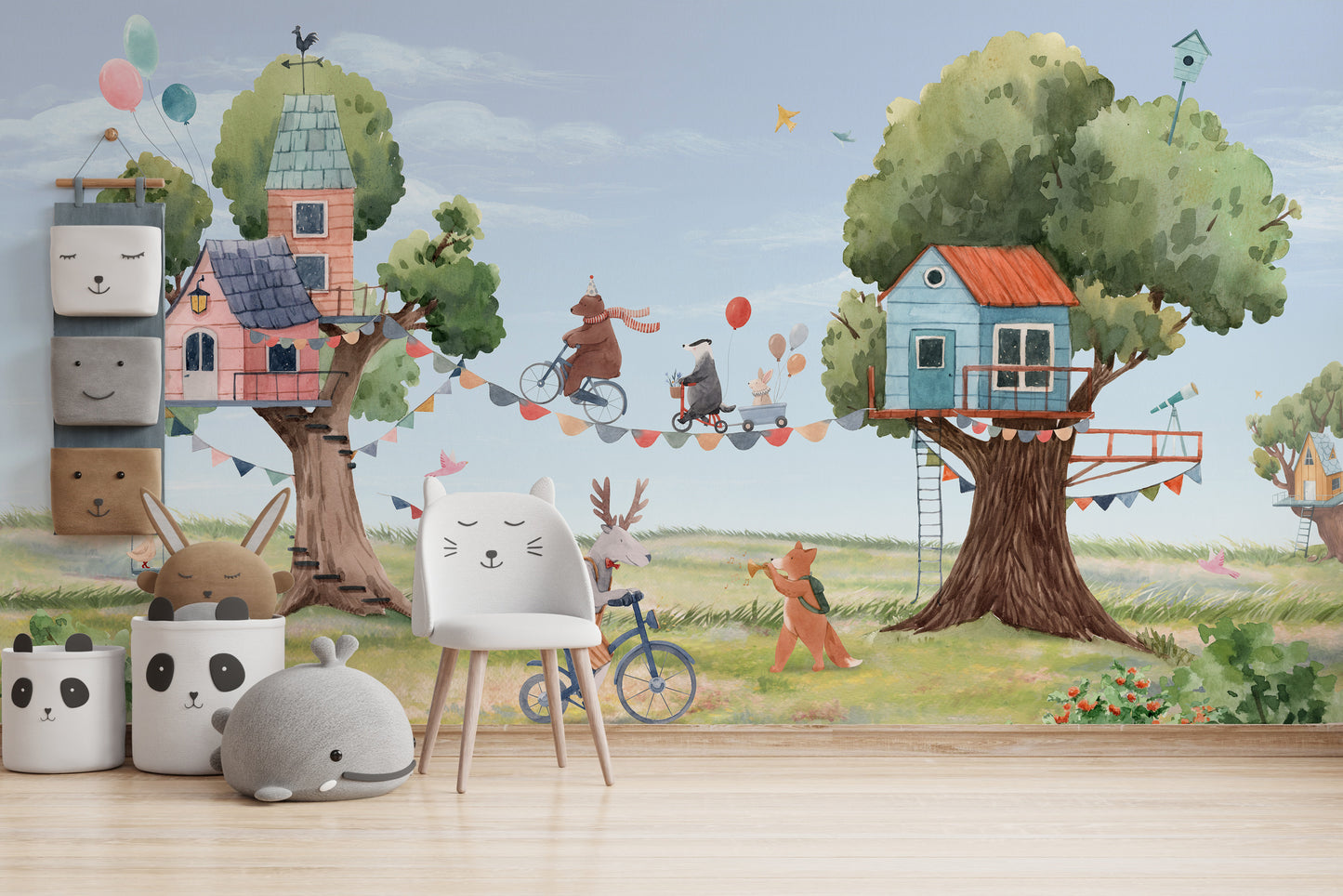 Kids room wallpaper featuring a whimsical treehouse scene