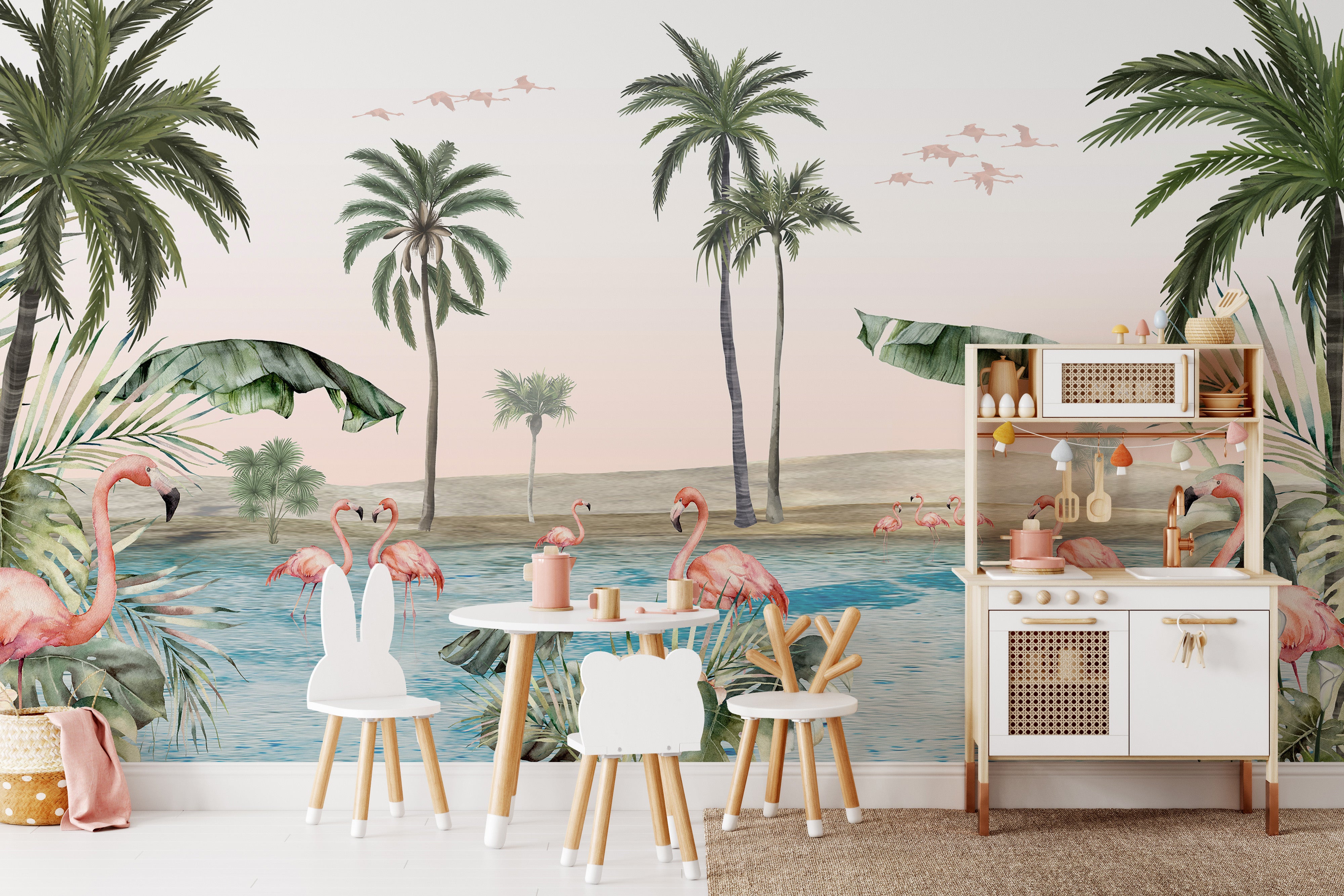 Flamingo oasis wallpaper with pink background and palm trees