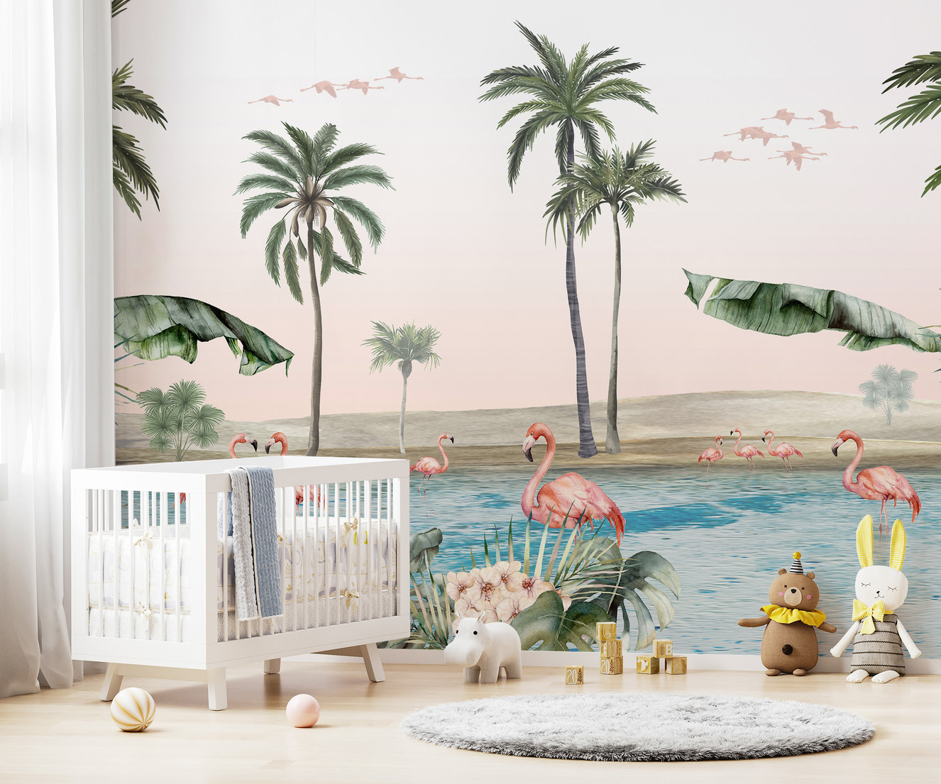 Tropical flamingo wallpaper featuring serene oasis design