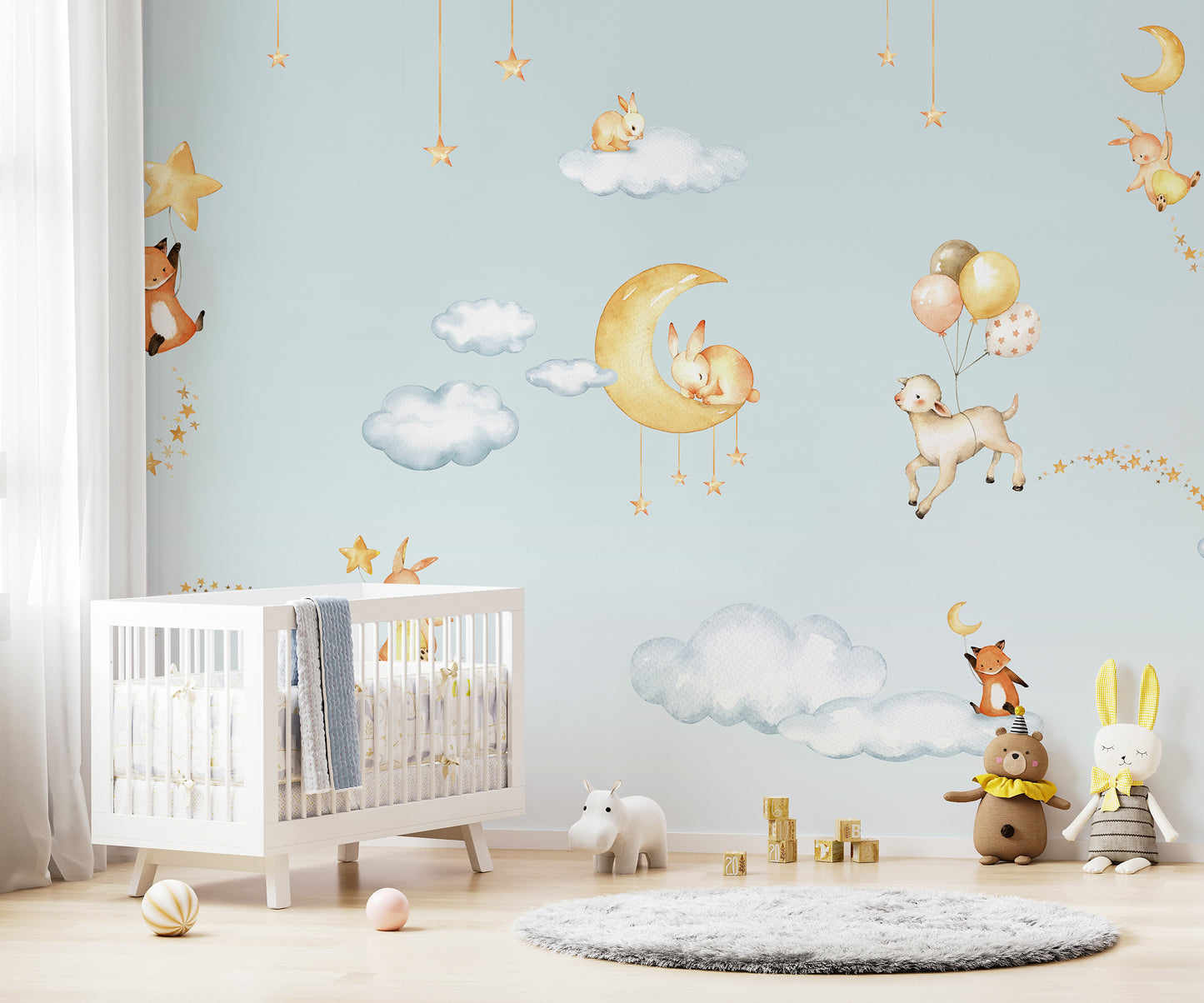 Dreamy Blue Sweet Dreams wallpaper with moon and animals