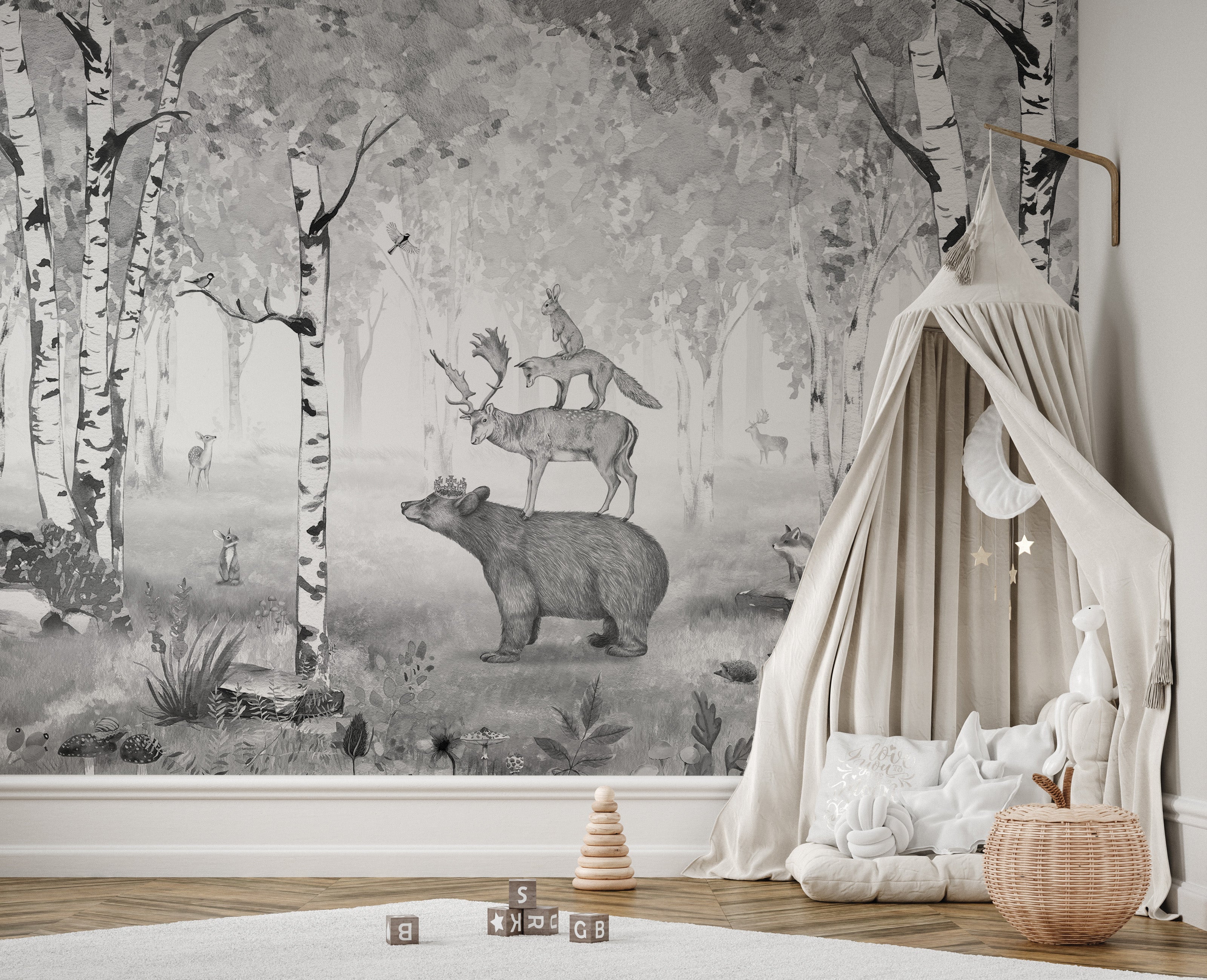 Grey woodland wallpaper with animals and forest scenery