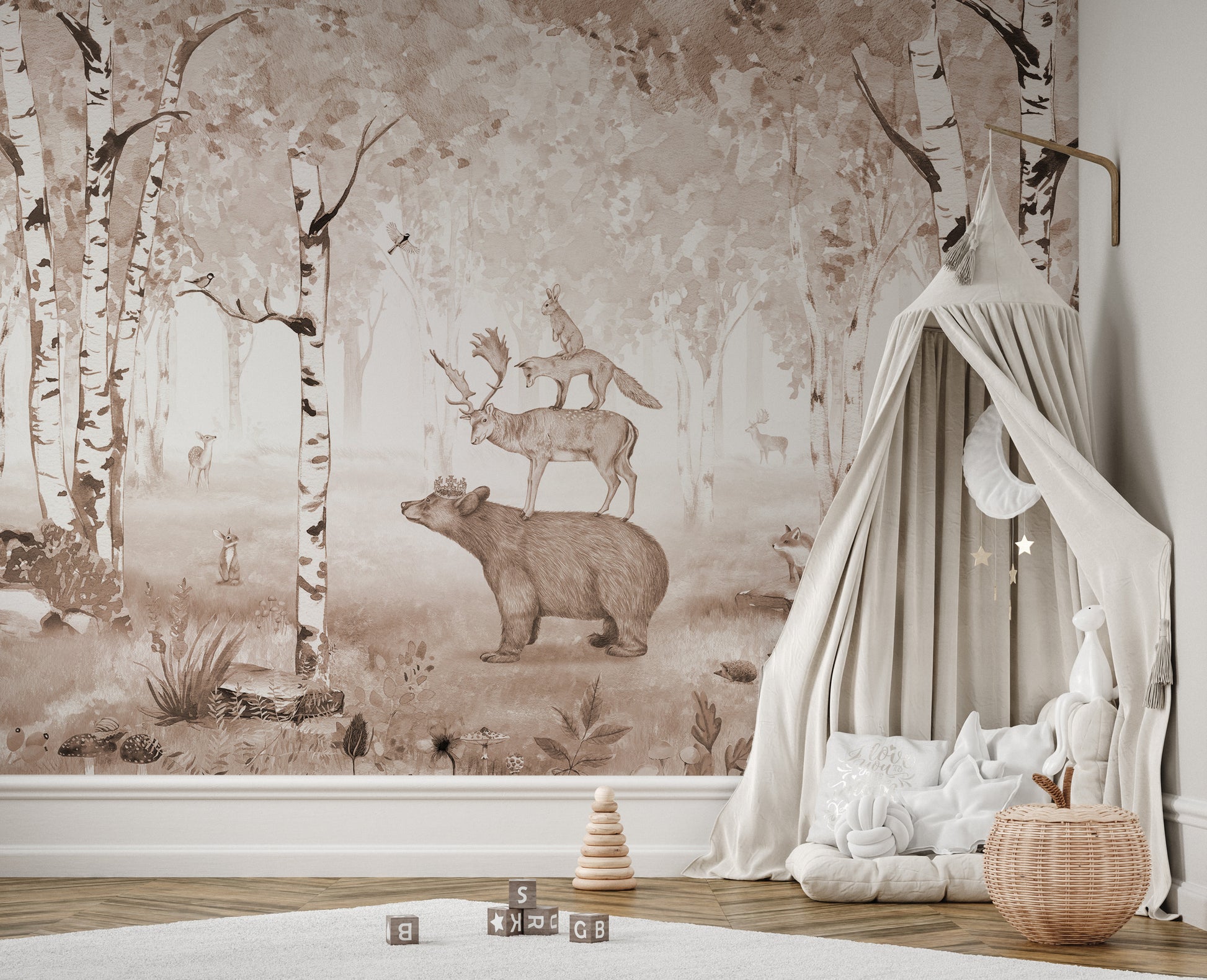 Brown bear wallpaper mural with a serene forest setting