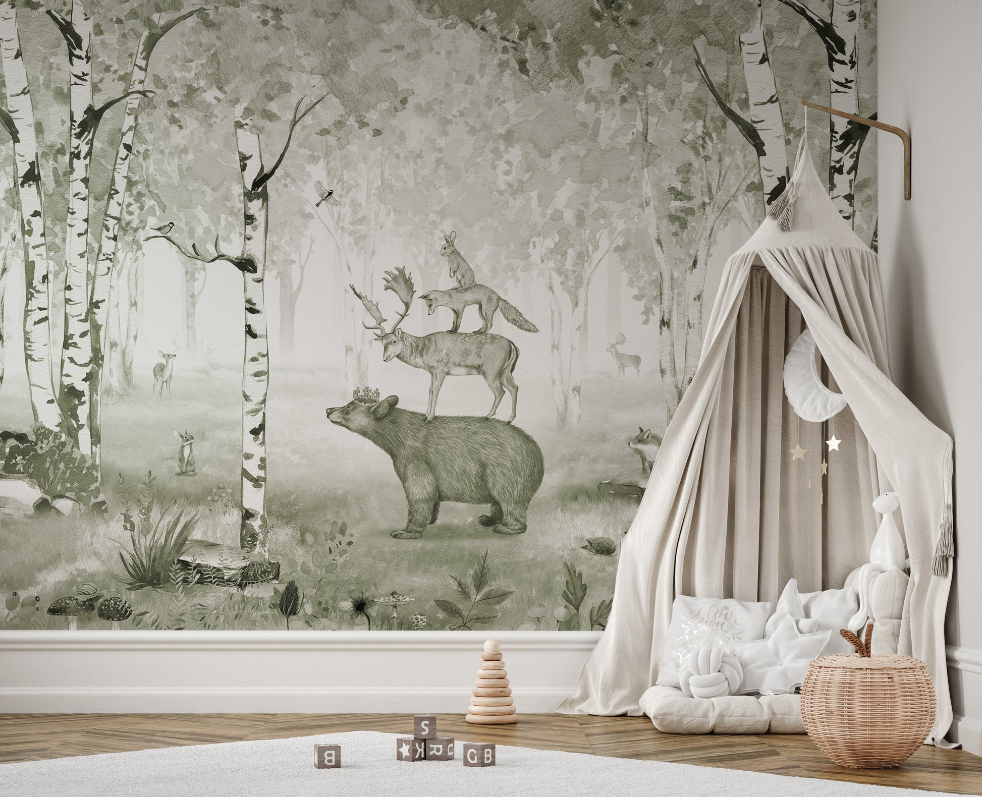 Forest-themed green wallpaper with bear and wildlife design