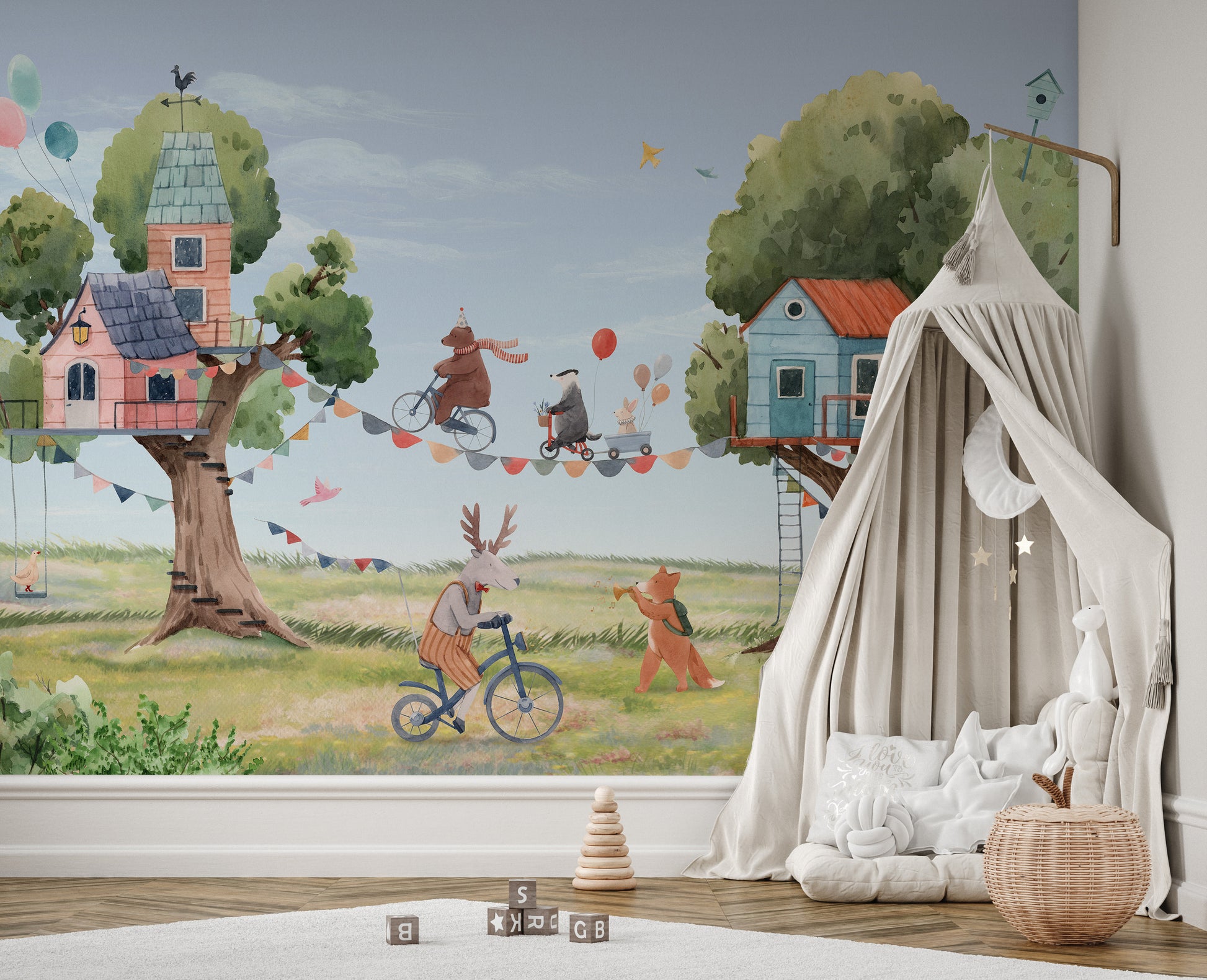 Playful treehouse party wallpaper for children's rooms