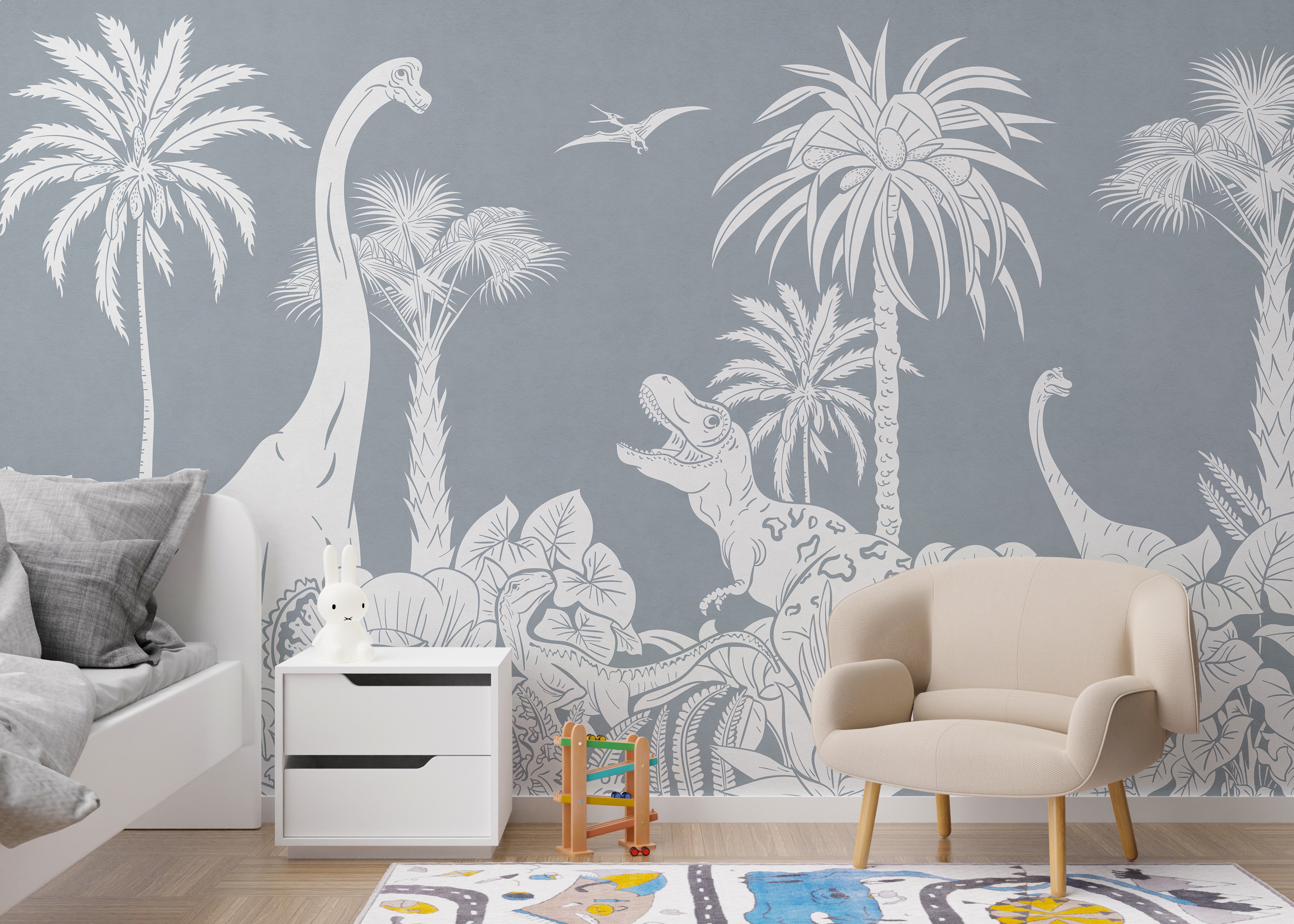 Monochrome Dino Blue wallpaper with dinosaurs and palms