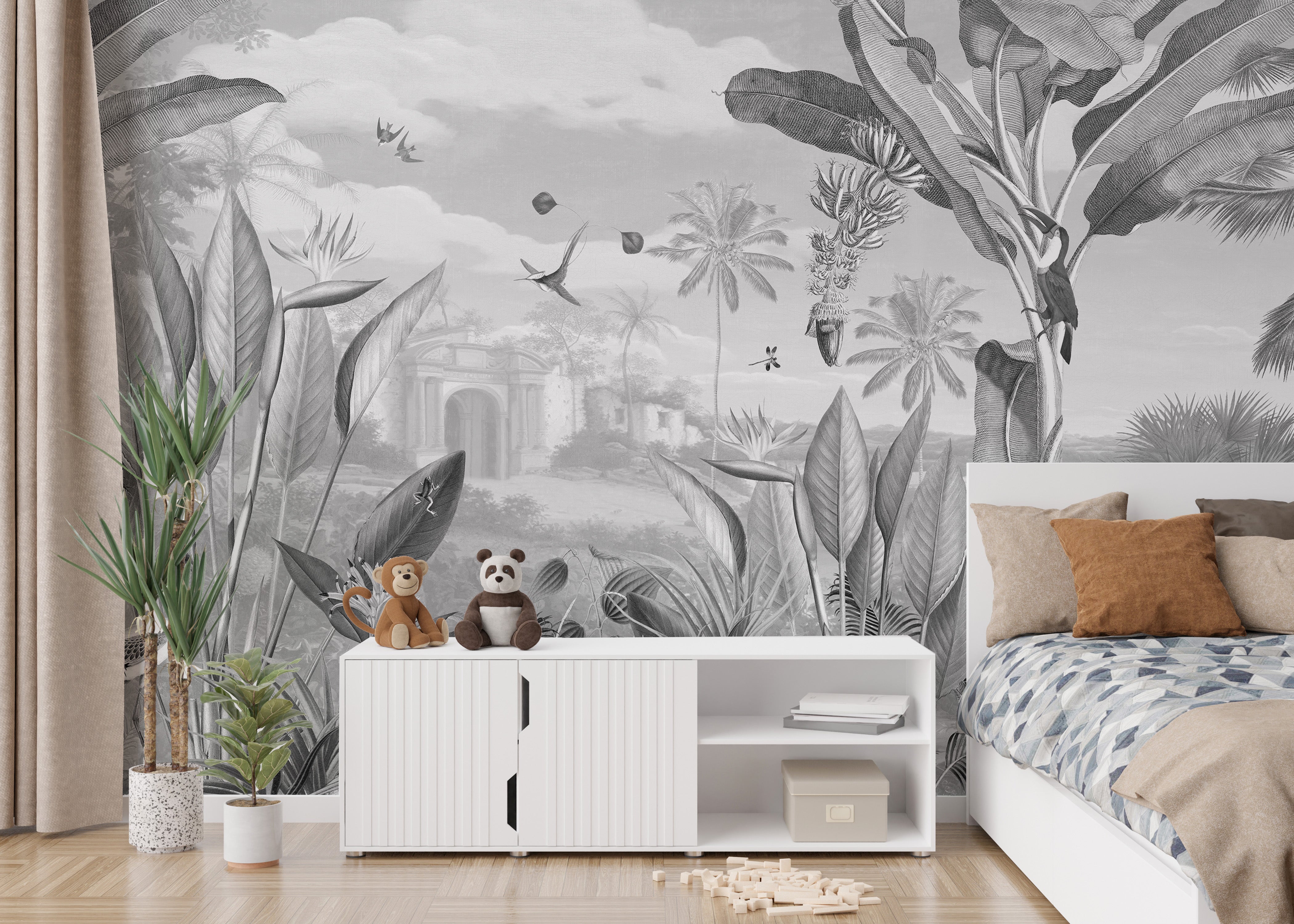 Monochrome forest mansion wallpaper mural design