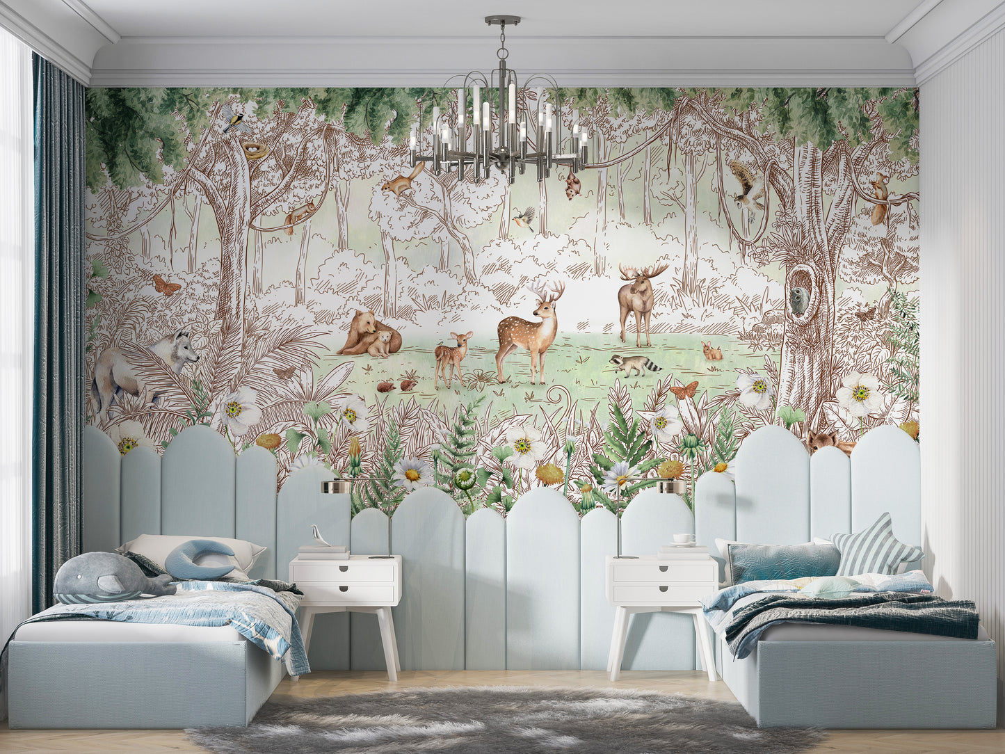 Spring forest wallpaper with animals, flowers, and fresh greenery