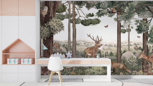 Forest Jive stag and deer wallpaper mural with wildlife