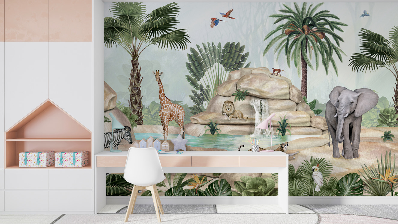 Watercolor wildlife wallpaper featuring animals near a pond