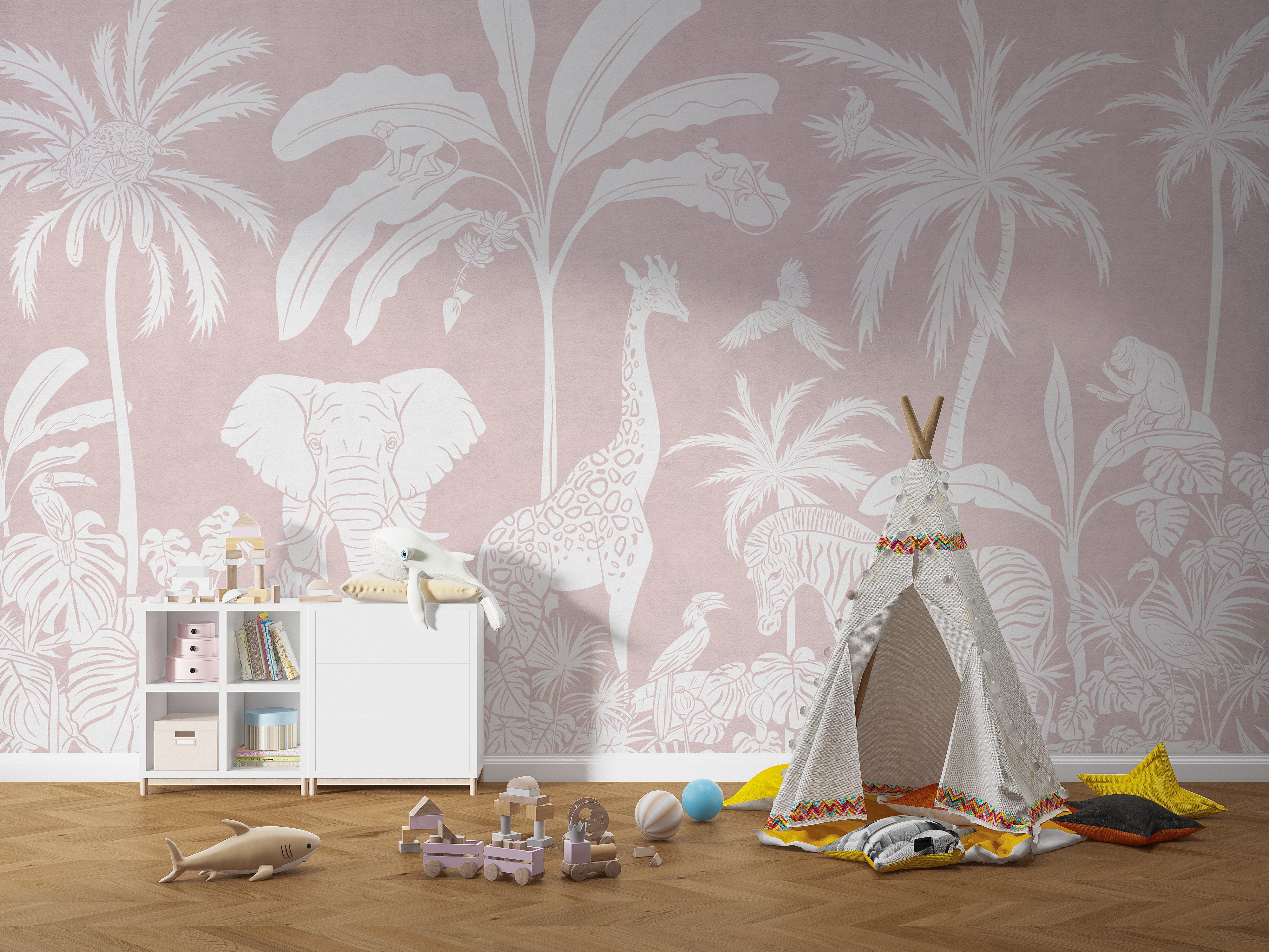 Artistic Pink Monochrome Jungle Mural
