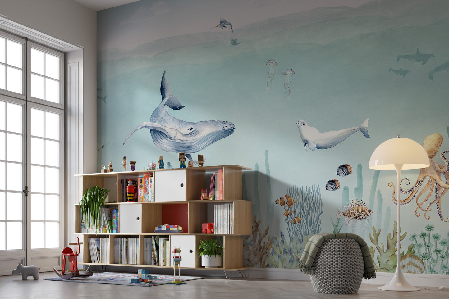 Whale and octopus secret sea life mural wallpaper decor