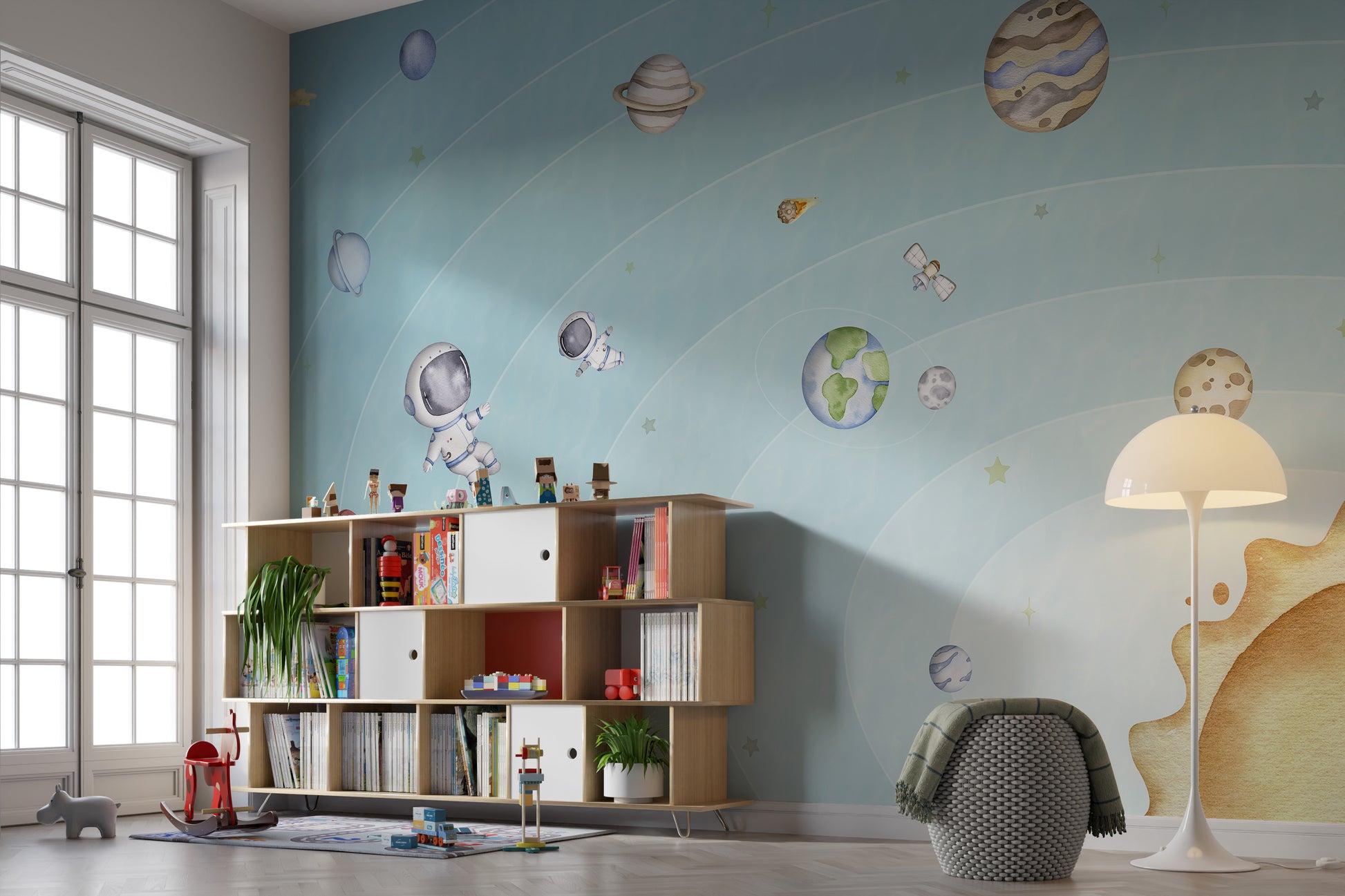 Vibrant light space mural for kids playrooms