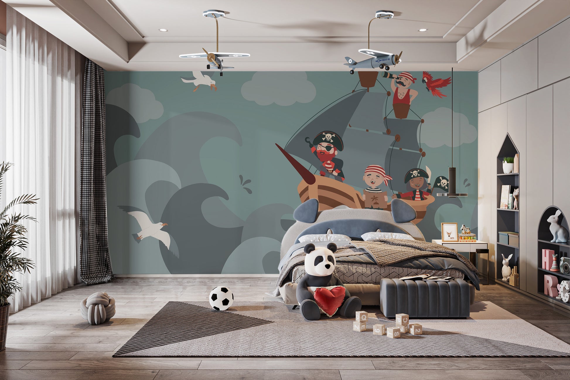 Lively cartoon pirate mural with nautical vibes