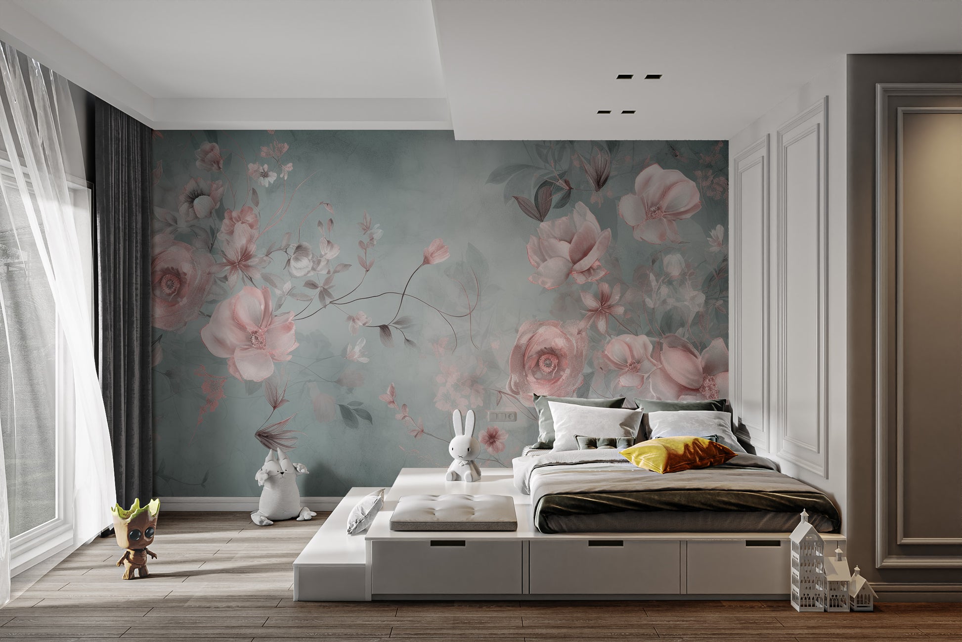 Soft pink flower mural for serene spaces