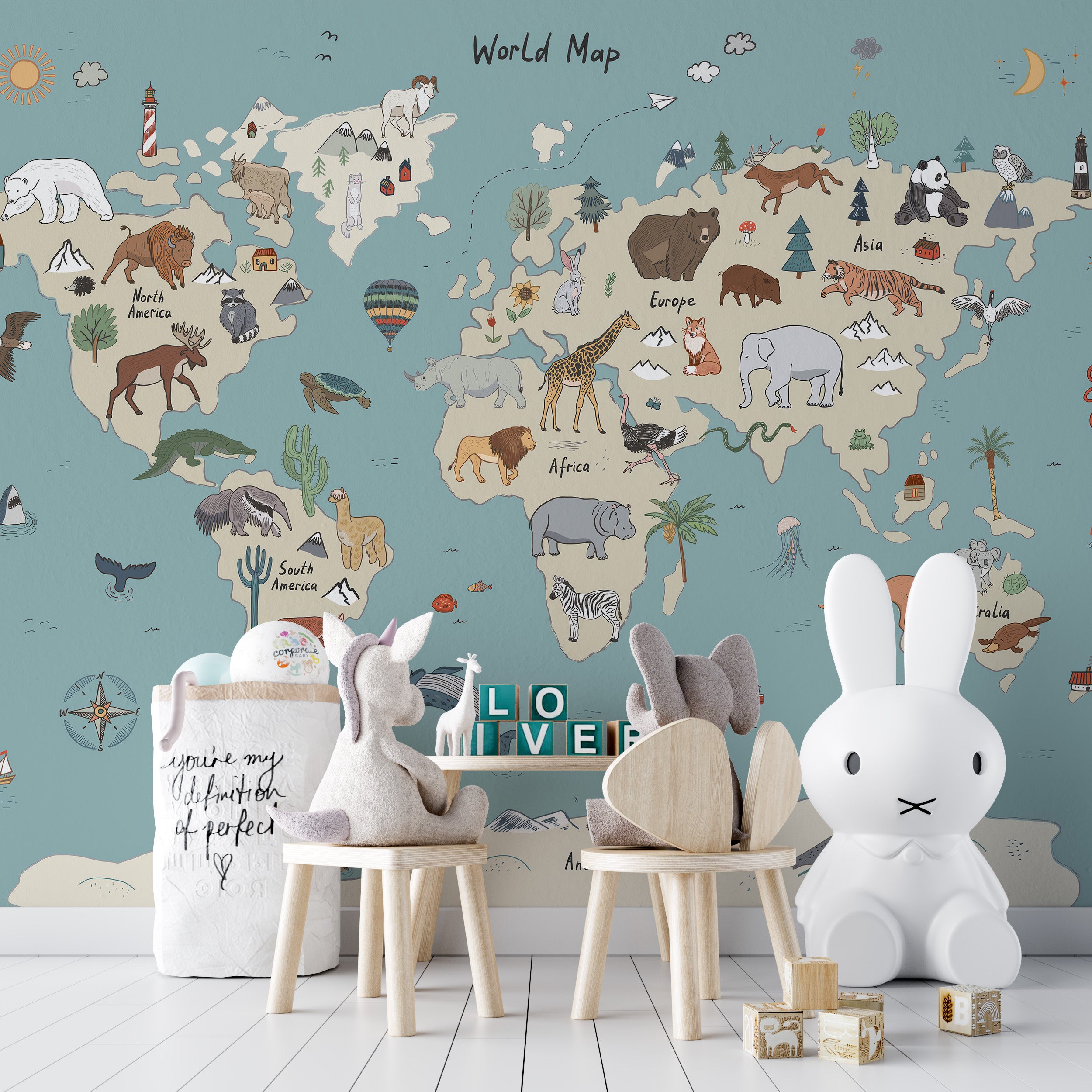 Colorful animal atlas wall art with adventurous charm