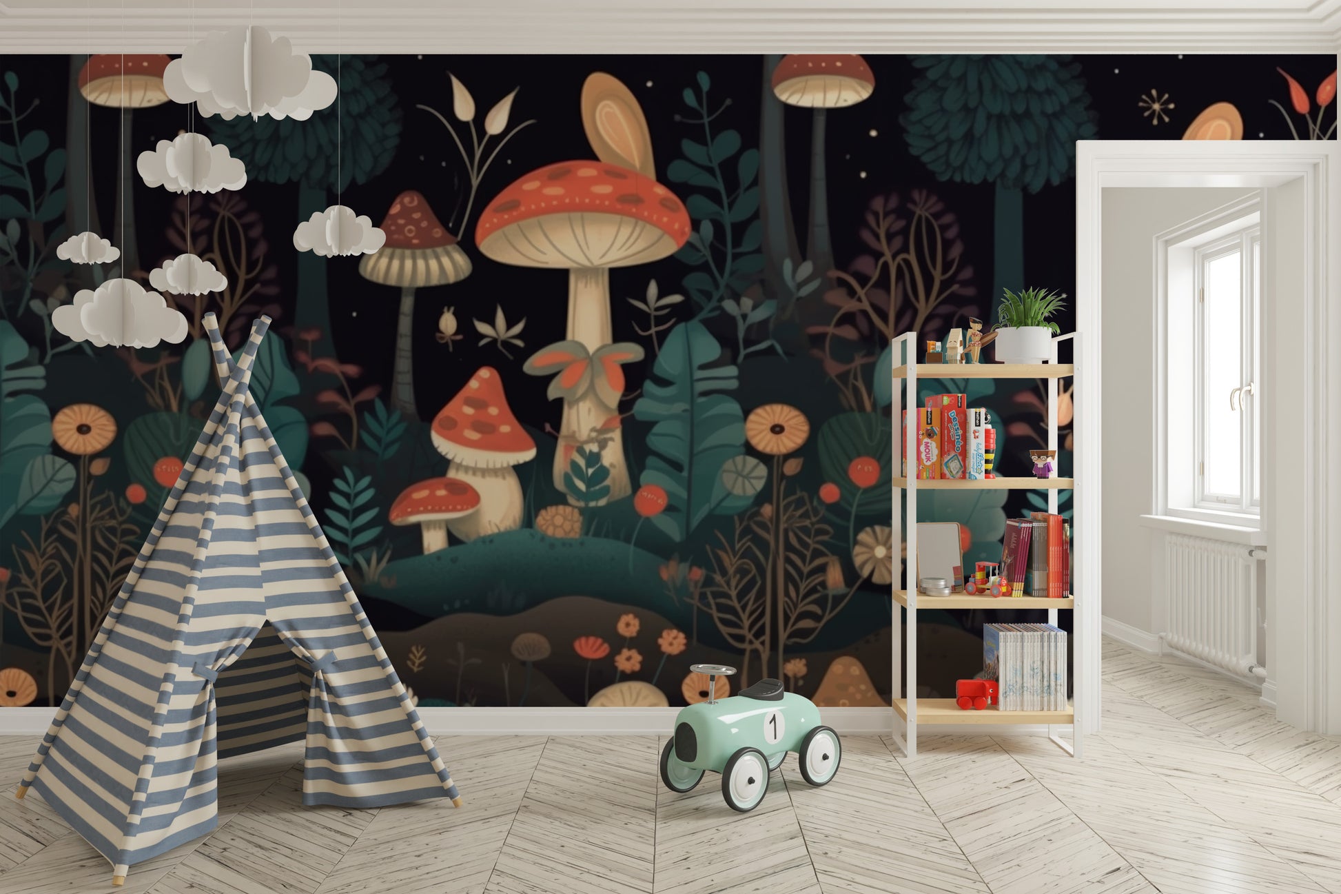 Nature-inspired mushroom mural with garden vibes