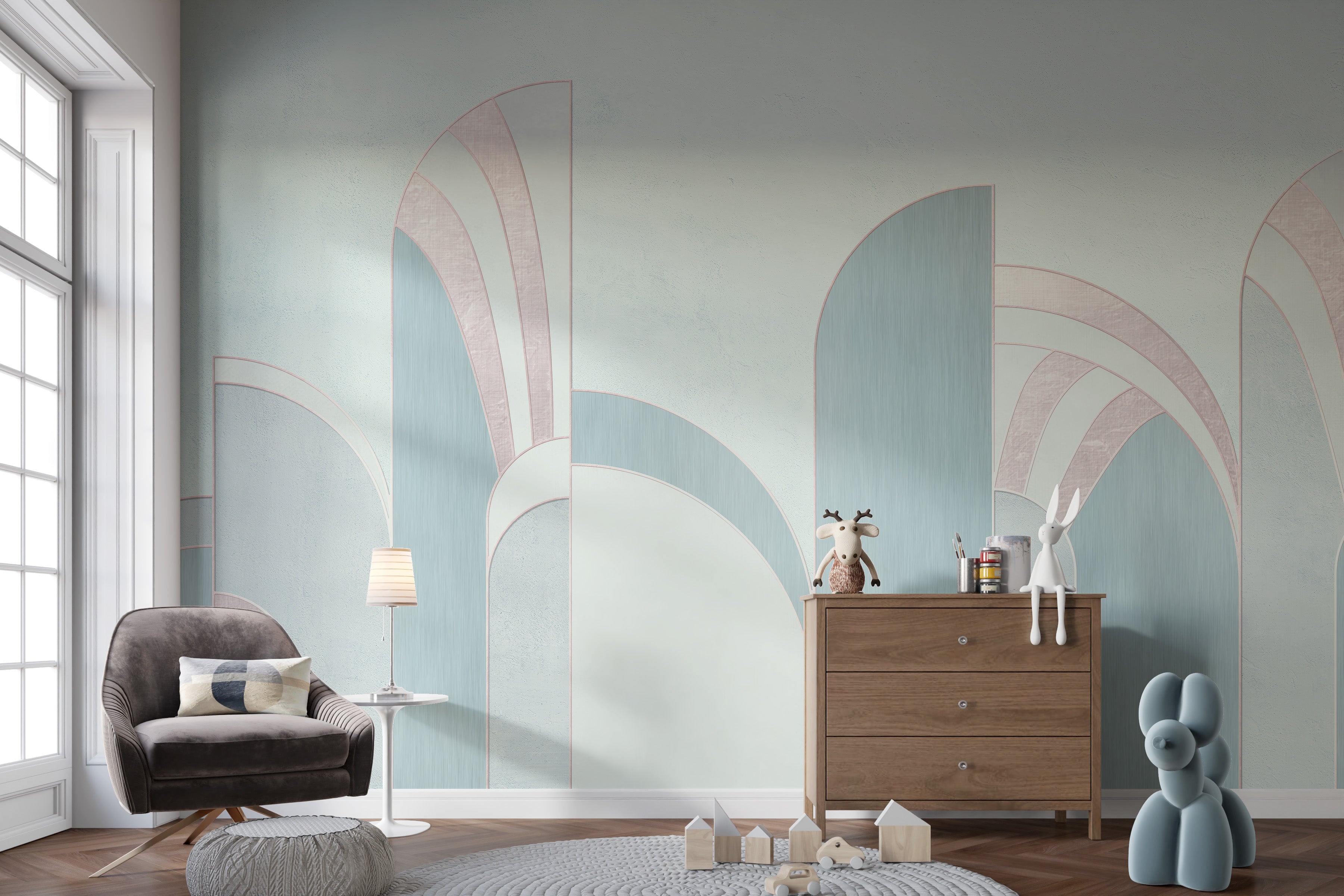 Sophisticated silver foil wallpaper mural for living room decor.