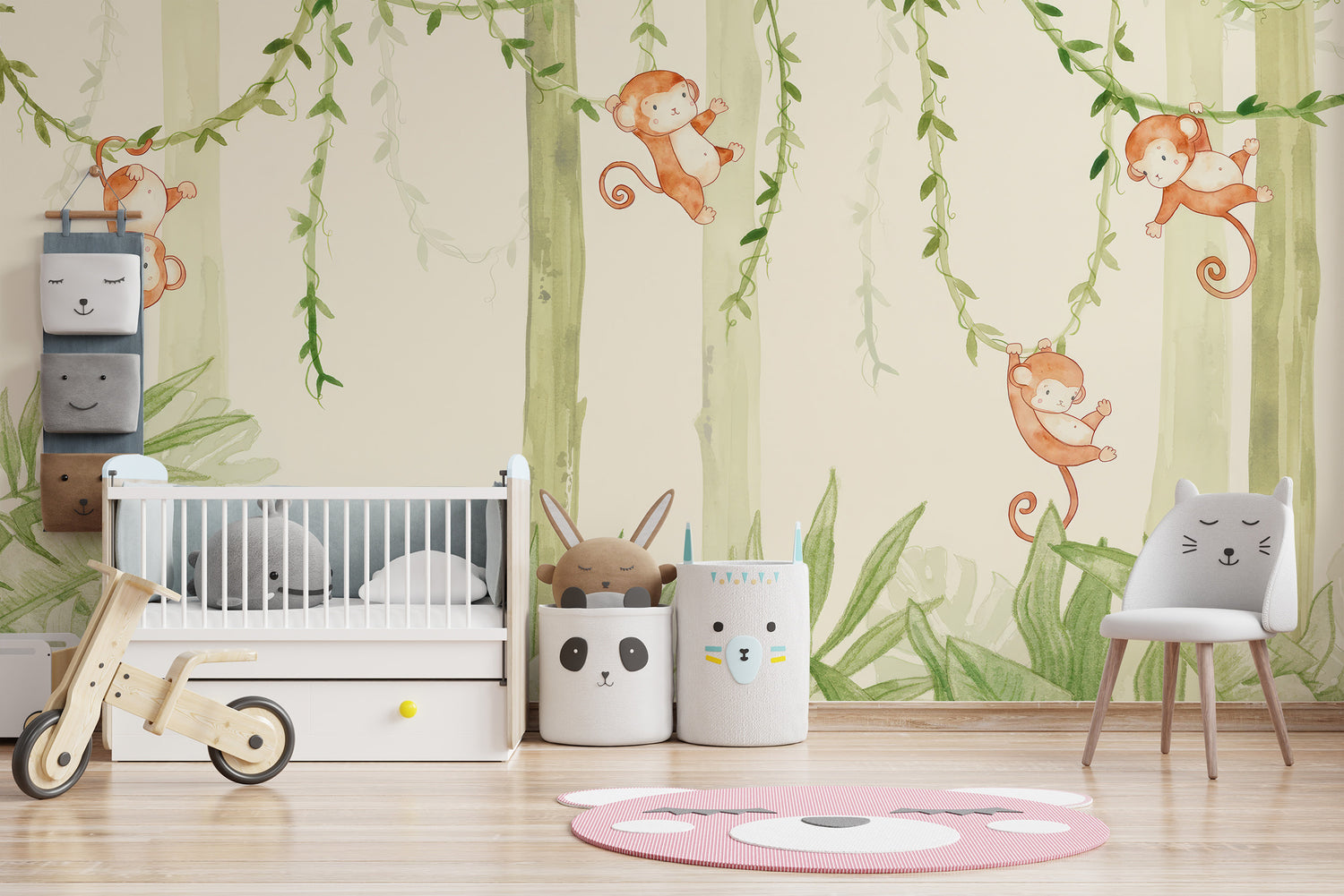 Playful swinging monkey mural for kids' rooms
