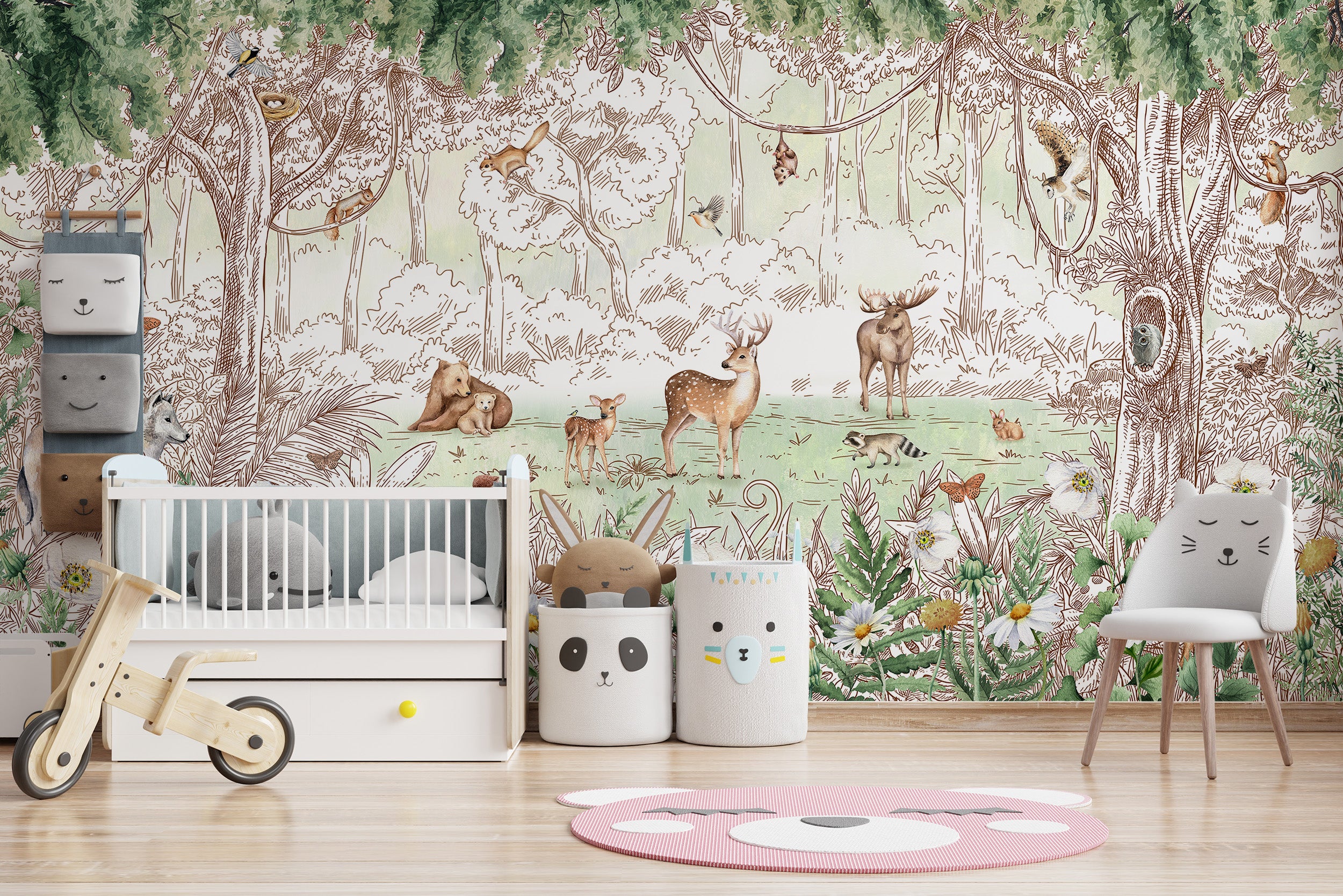 Forest friends wallpaper mural featuring spring season charm