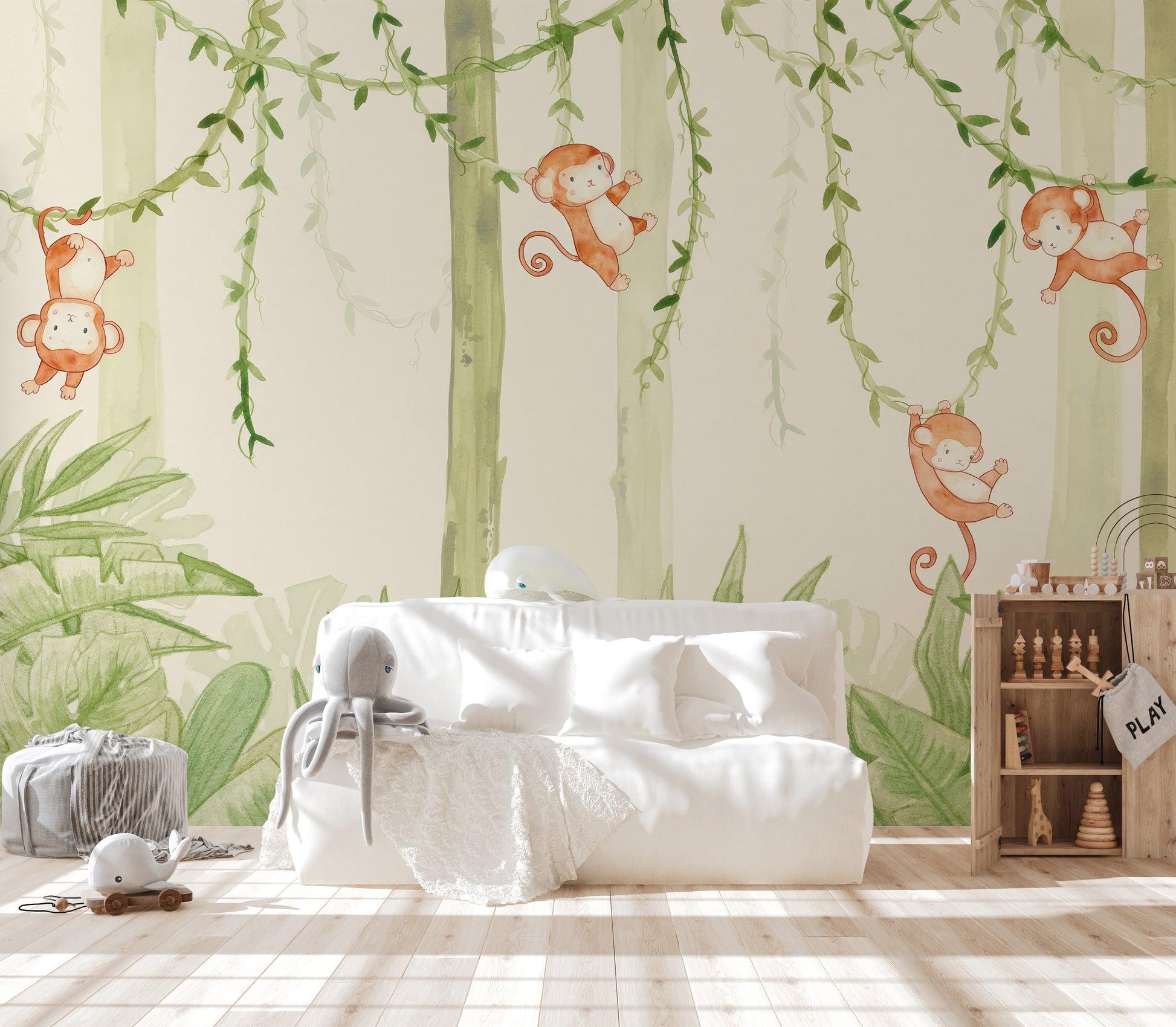 Vibrant wallpaper featuring swinging monkeys