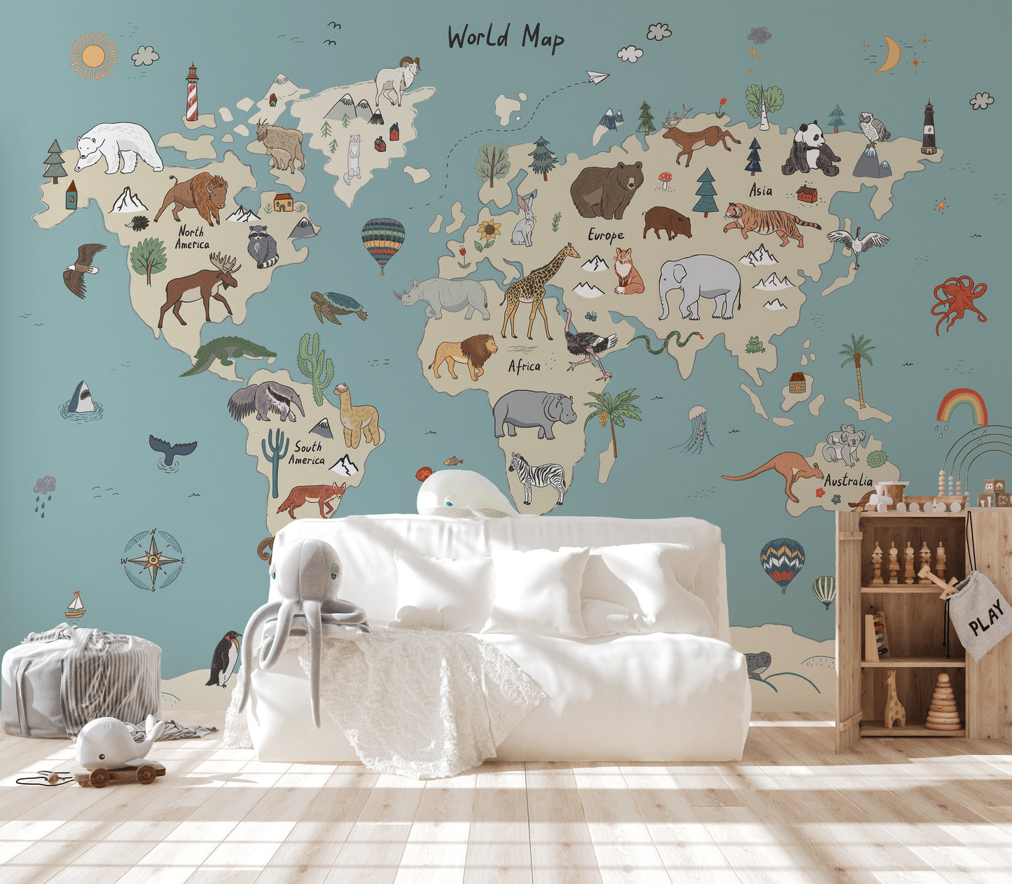 Adventure-inspired atlas mural featuring animals