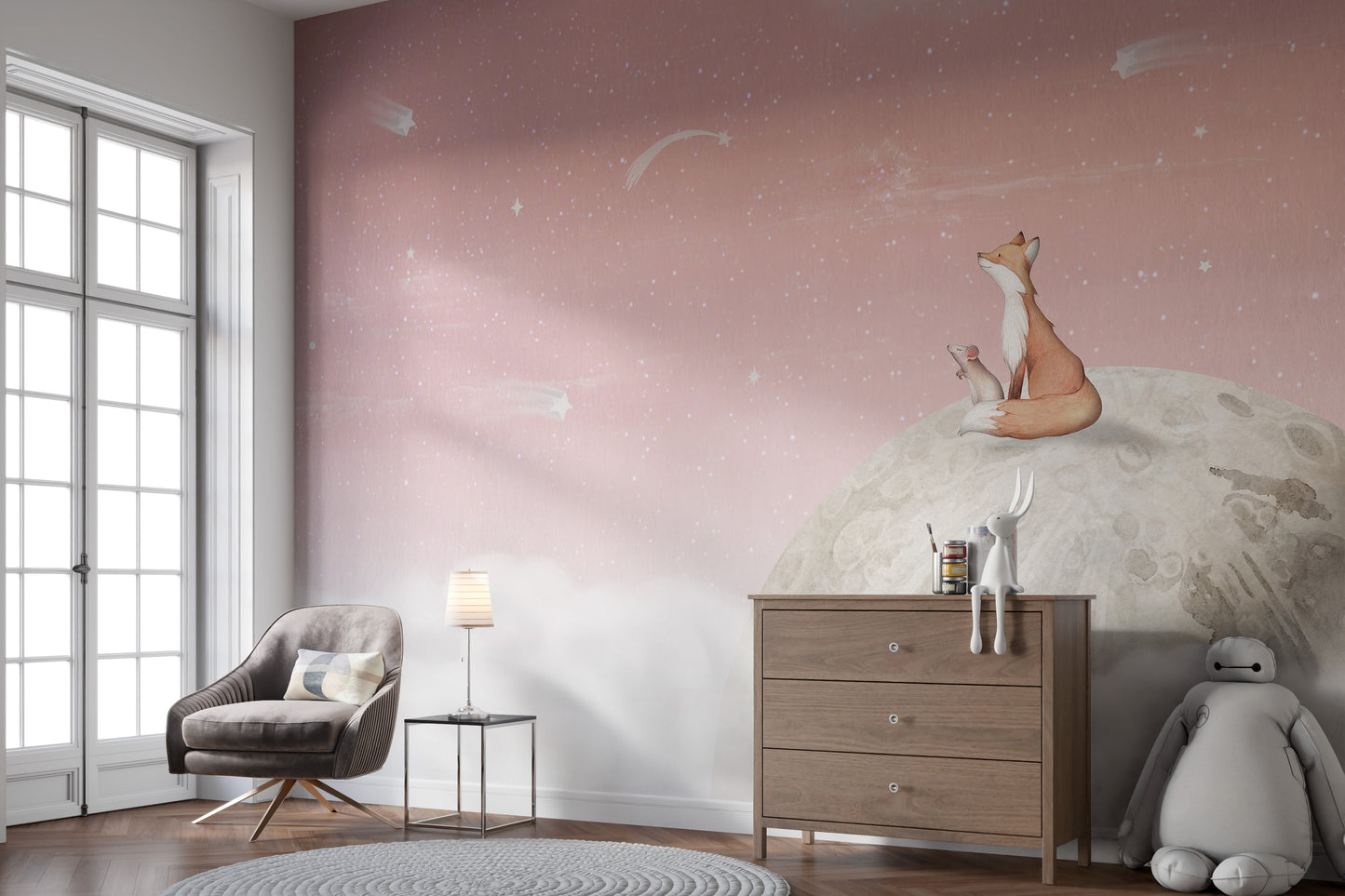 Gentle pink fox wallpaper for toddlers rooms