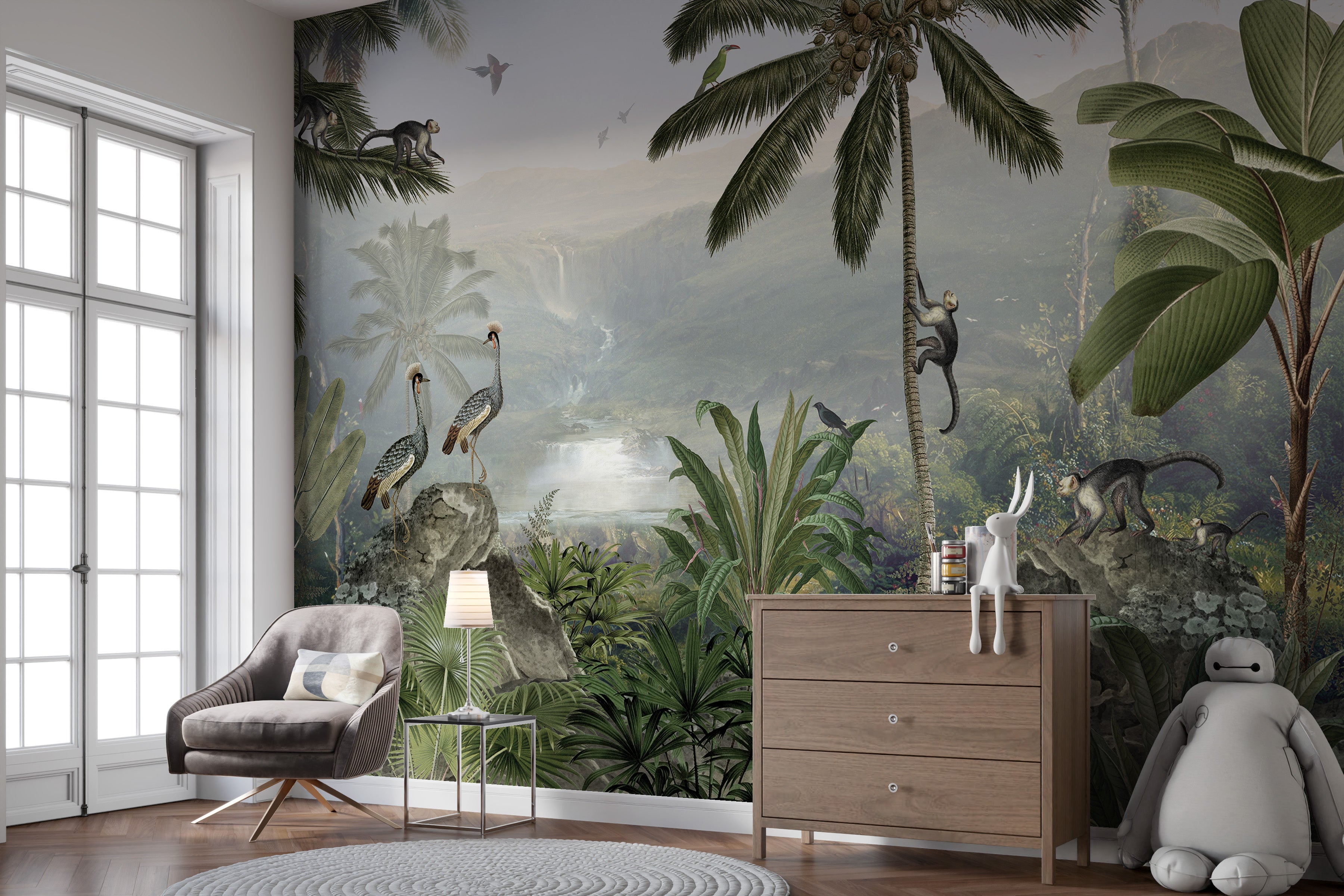 Removable wallpaper with playful monkey forest