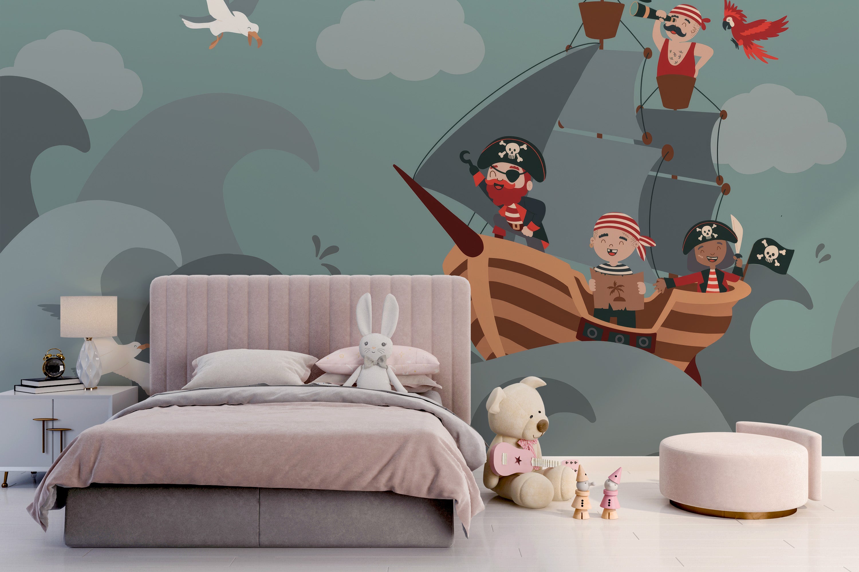 Cartoon-themed pirate ship wall decor
