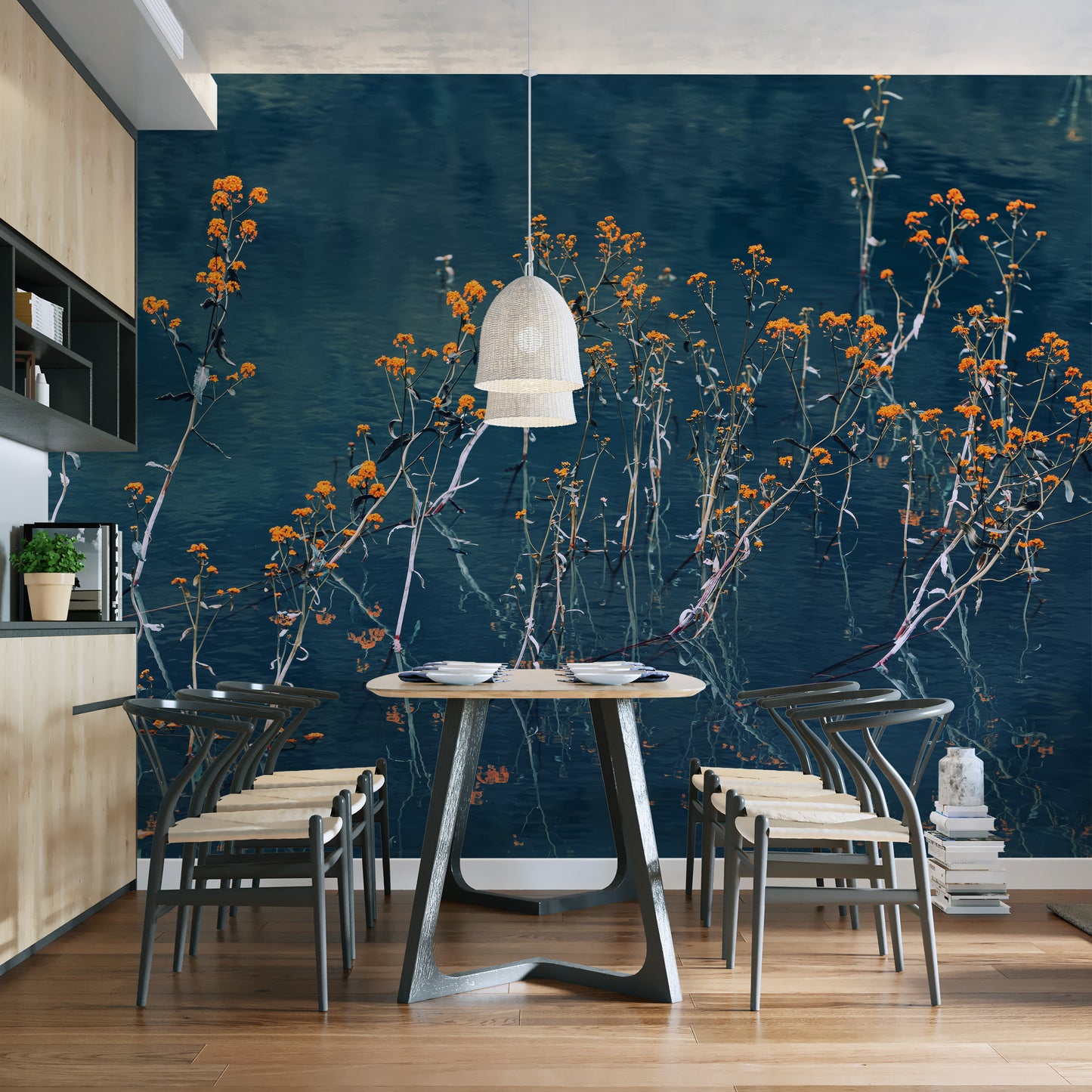 Decorative blue blossom wallpaper for modern spaces