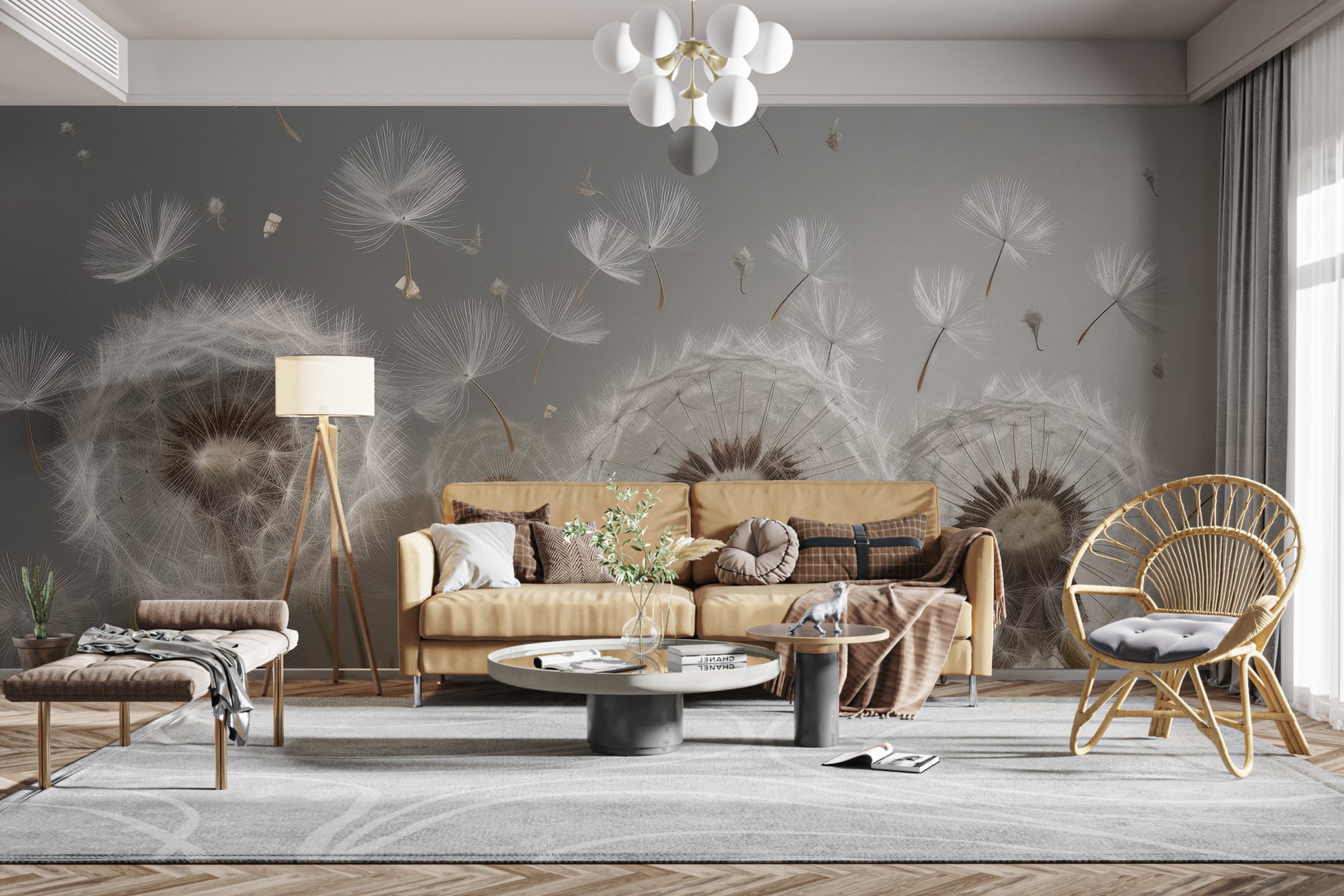 Dreamy dandelion drifts mural for interiors