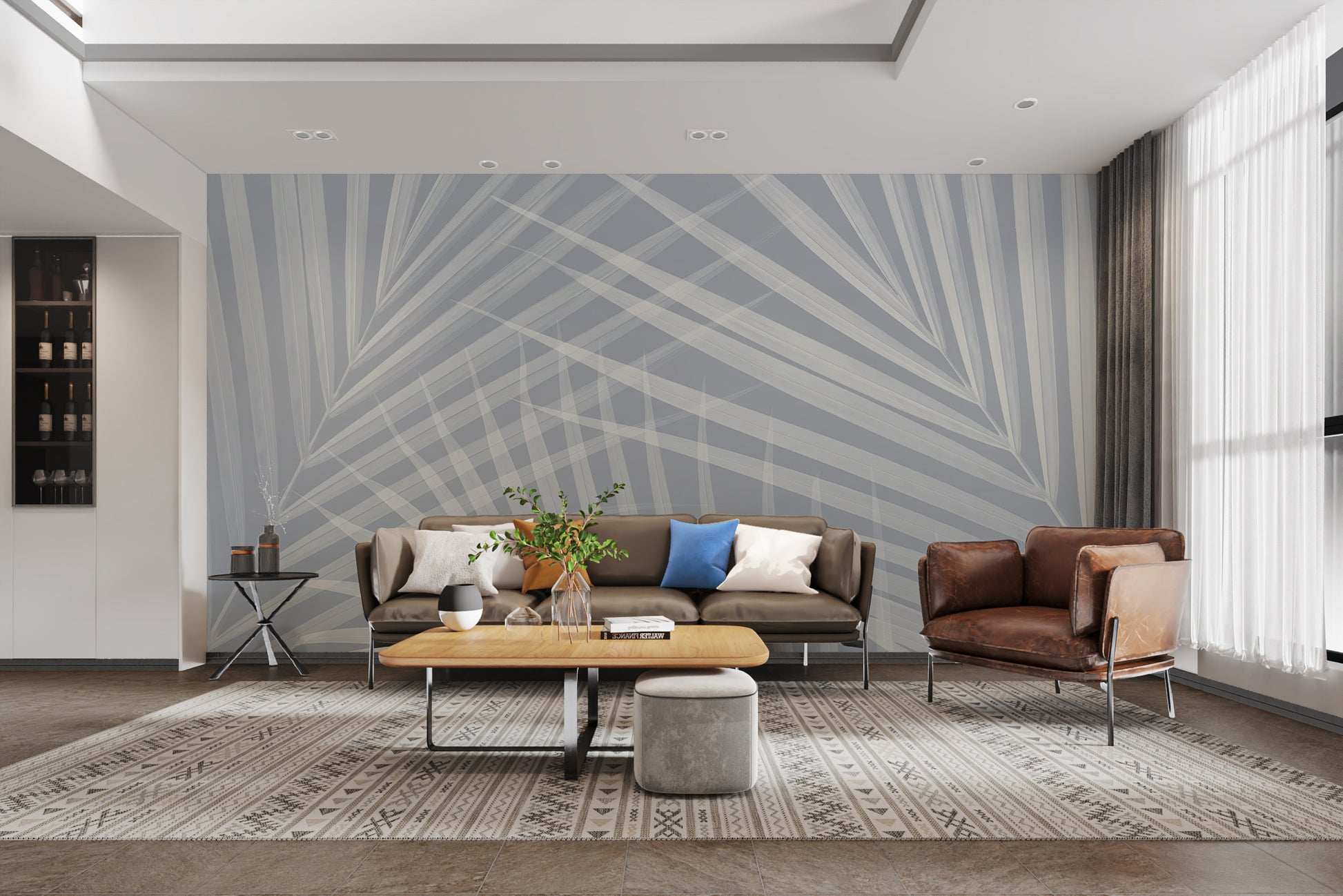 Serene light blue palm leaves mural wallpaper for inviting living rooms.