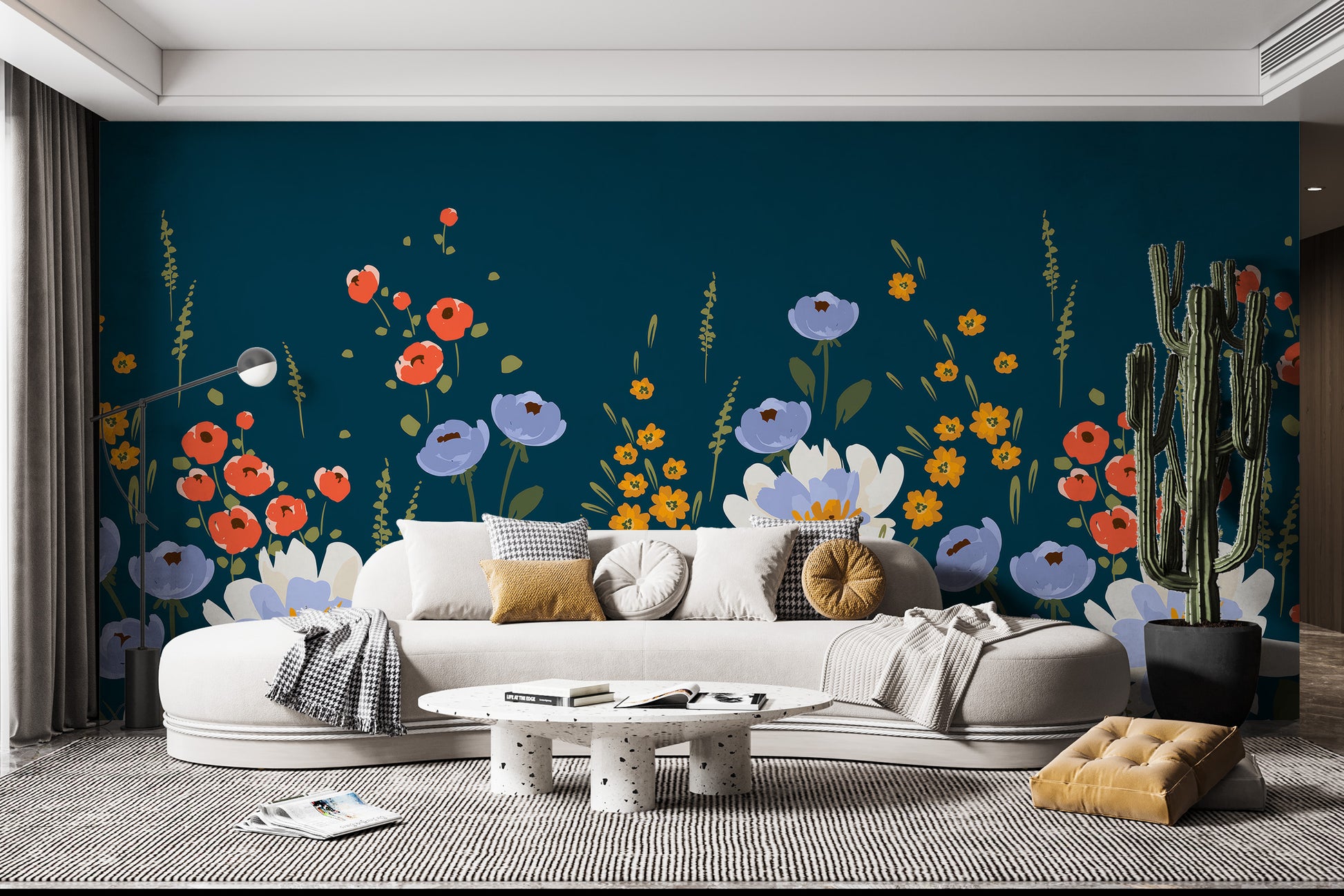 Lush floral Midnight Garden mural wallpaper for inviting living rooms.