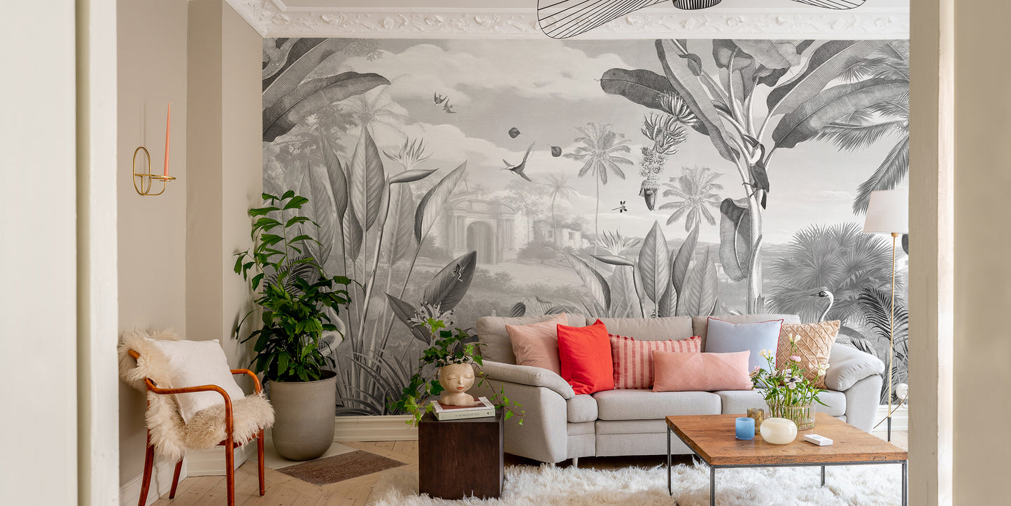 Timeless black and white mansion mural