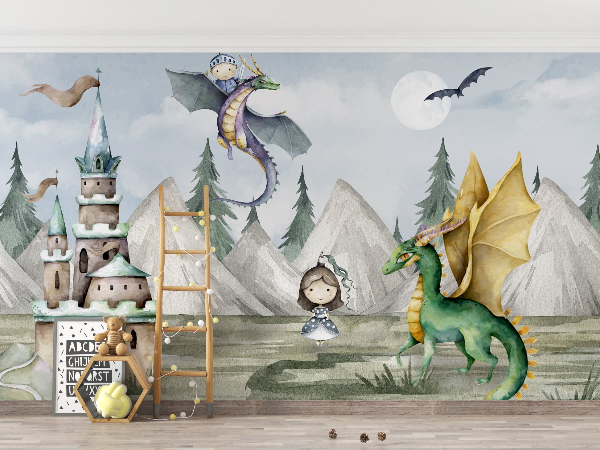 Magical kingdom wallpaper with dragons for kids' room décor.