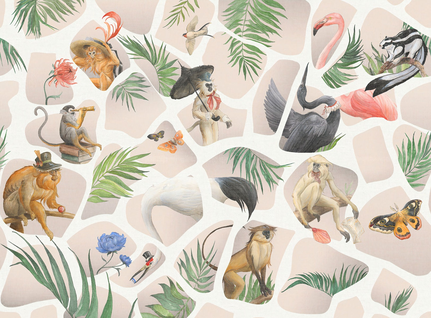 Watercolour light pink Monkey & Birds wallpaper mural