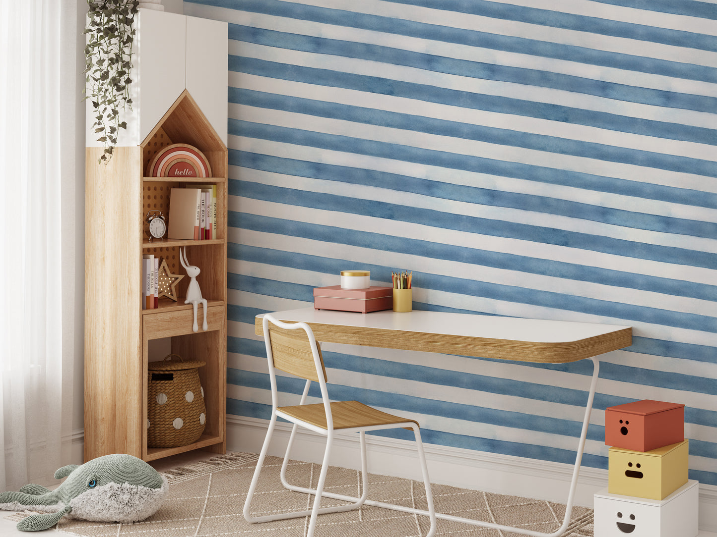 Blue White Watercolor Strips Wallpaper For Walls